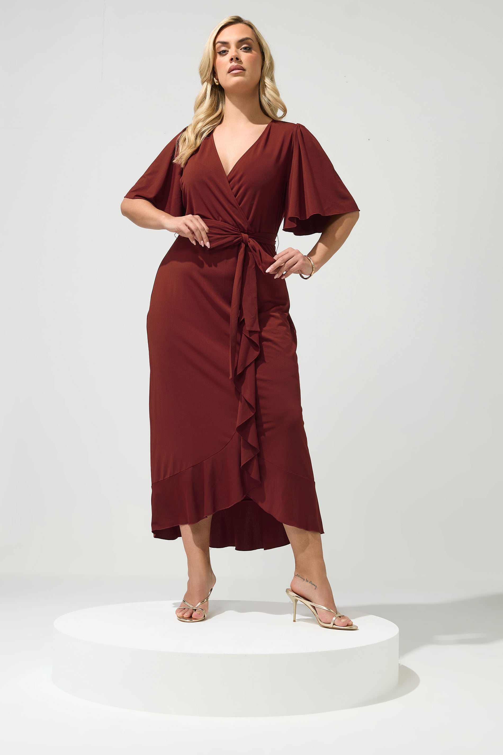 YOURS LONDON Plus Size Burgundy Red Ruffle Hem Wrap Dress | Yours Clothing 3