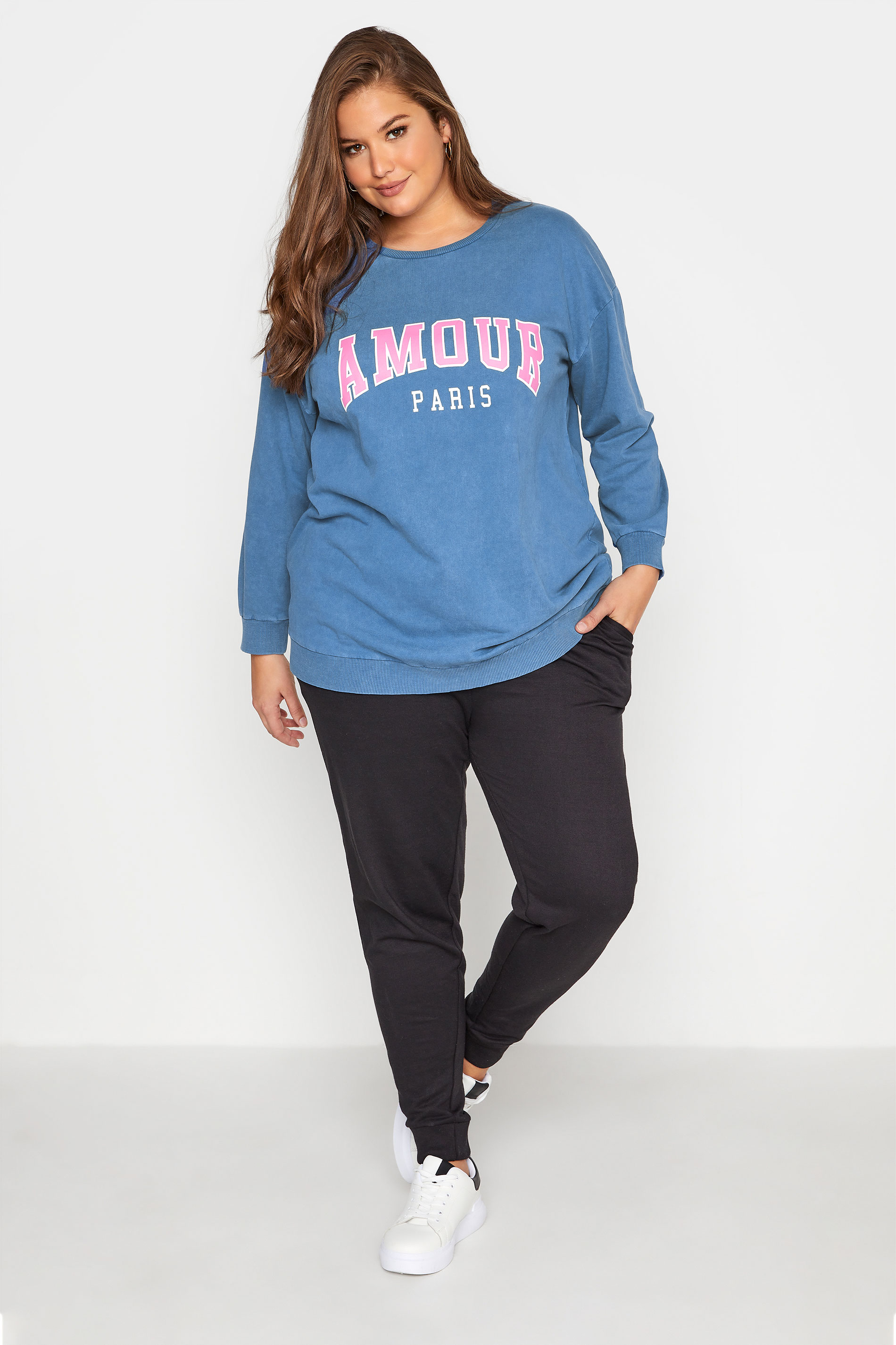 Grande taille  Pulls à Capuche, Sweatshirts & Polaires Grande taille  Sweatshirts | Sweatshirt Bleu Délavé Slogan 'Amour Paris' - WO96922