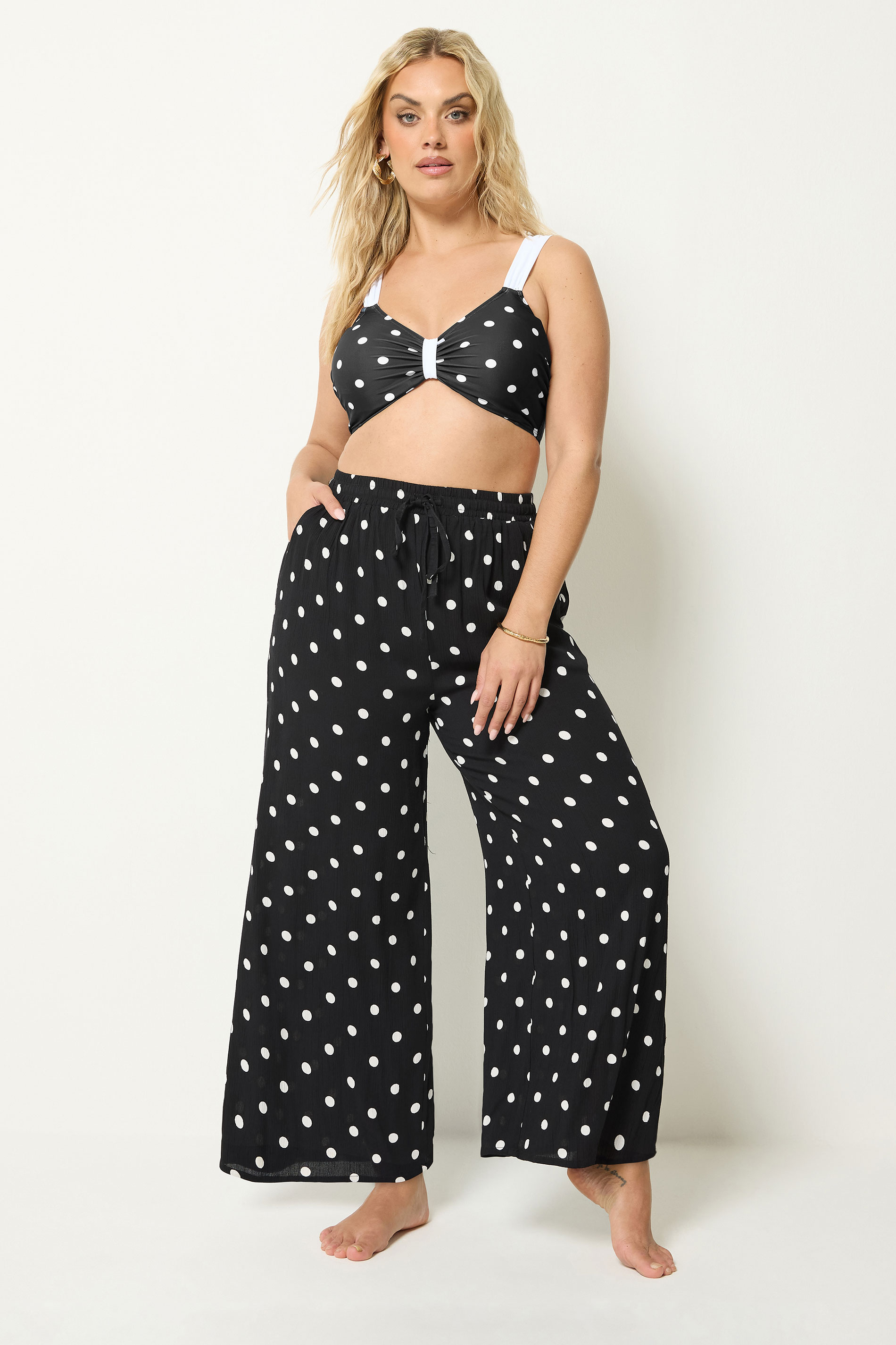 YOURS Plus Size Black Polka Dot Crinkle Beachwear Wide Leg Trousers | Yours Clothing 3