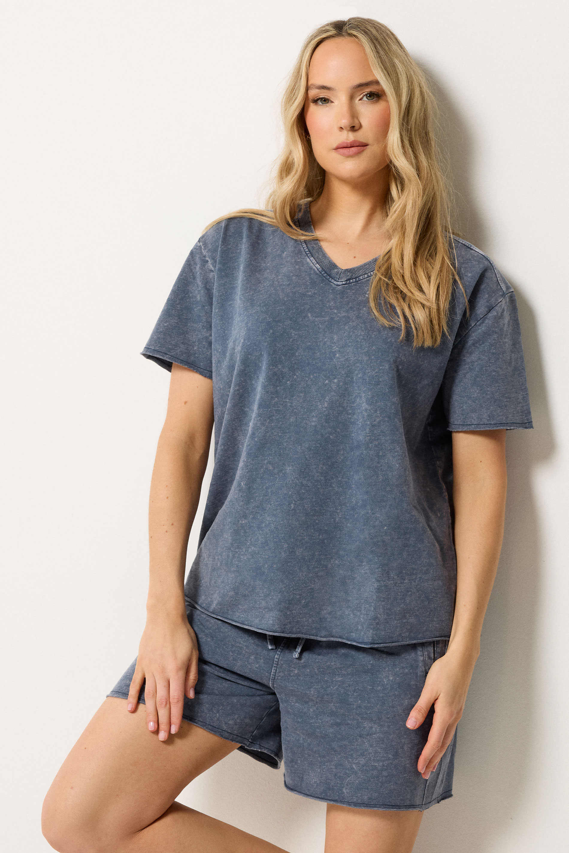 LTS Tall Women's Set Navy Blue Acid Wash T-Shirt & Shorts | Long Tall Sally 3
