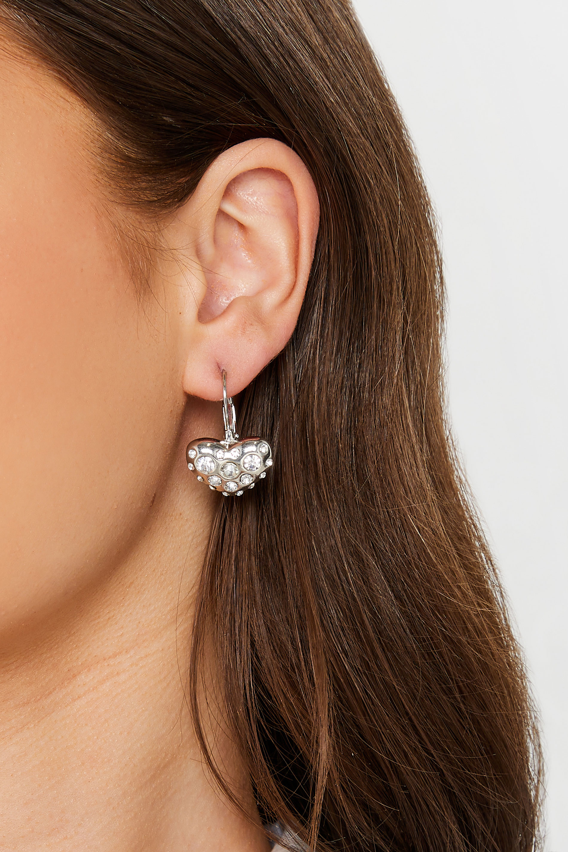 Silver Heart Diamante Detail Drop Earrings | Yours Clothing 1