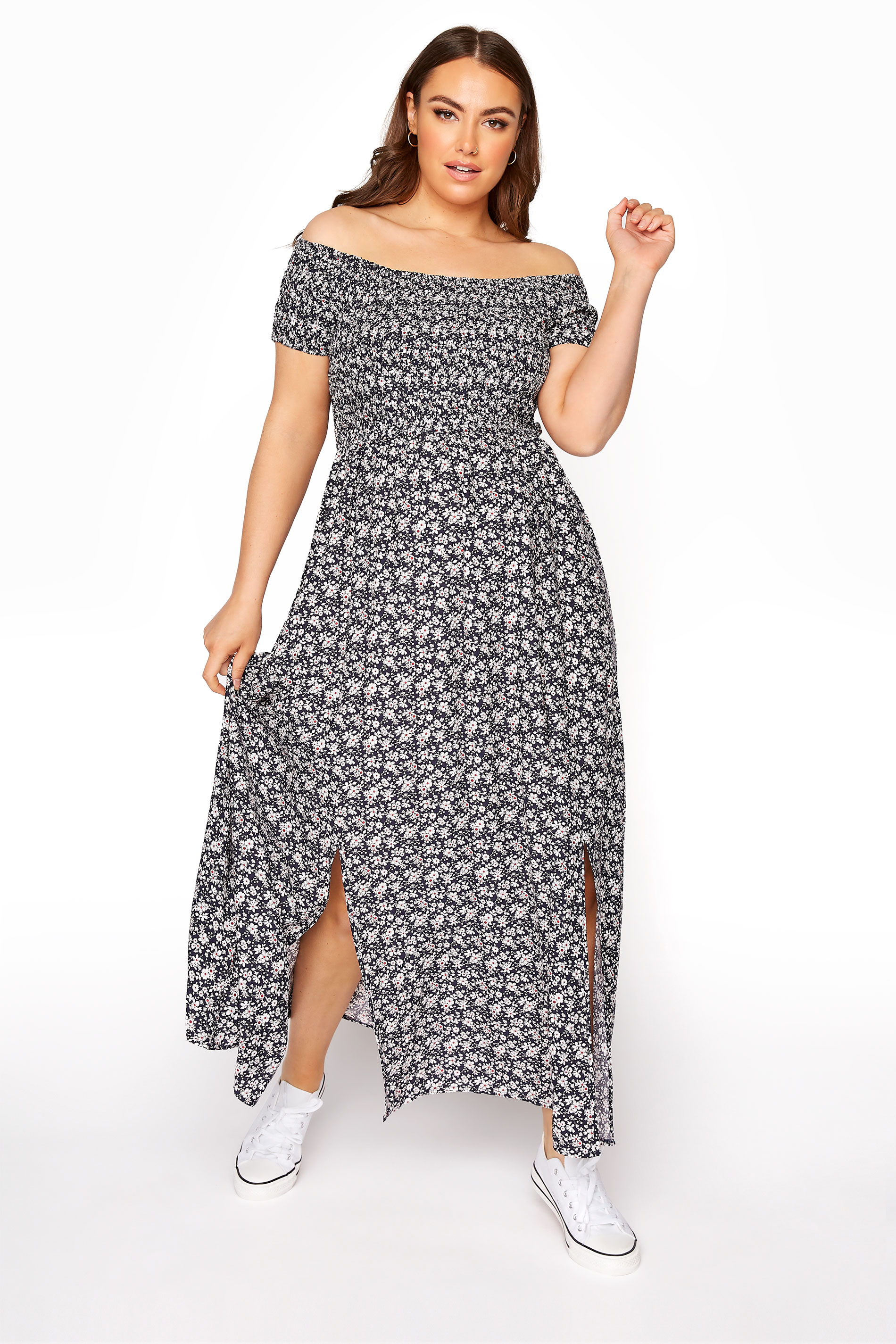 Navy Ditsy Floral Shirred Bardot Maxi Dress | Yours Clothing