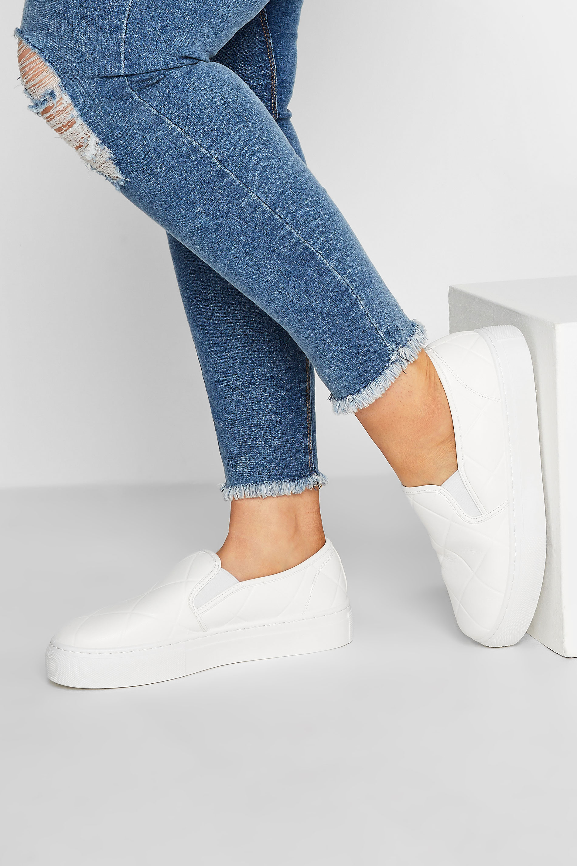 White Quilted Slip-On Trainers In Extra Wide Fit 1