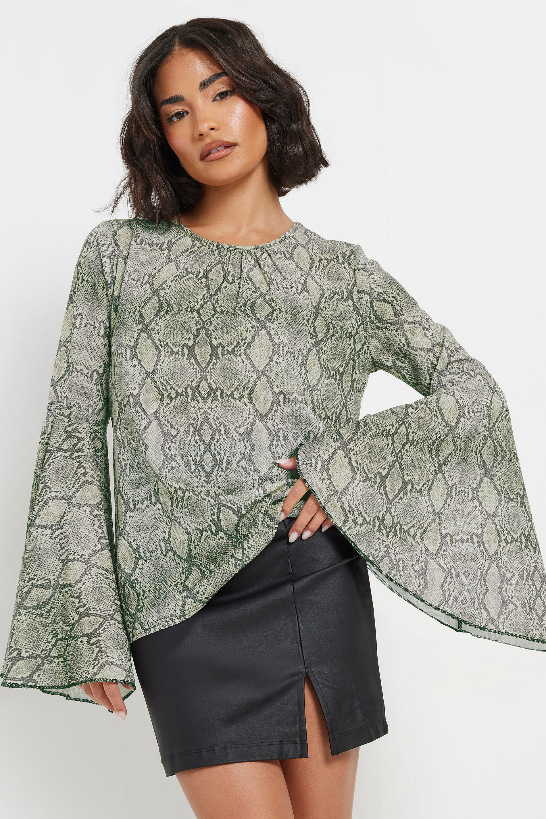 PixieGirl Petite Women's Grey Woven Snake Print Bell Sleeve Top | PixieGirl 3