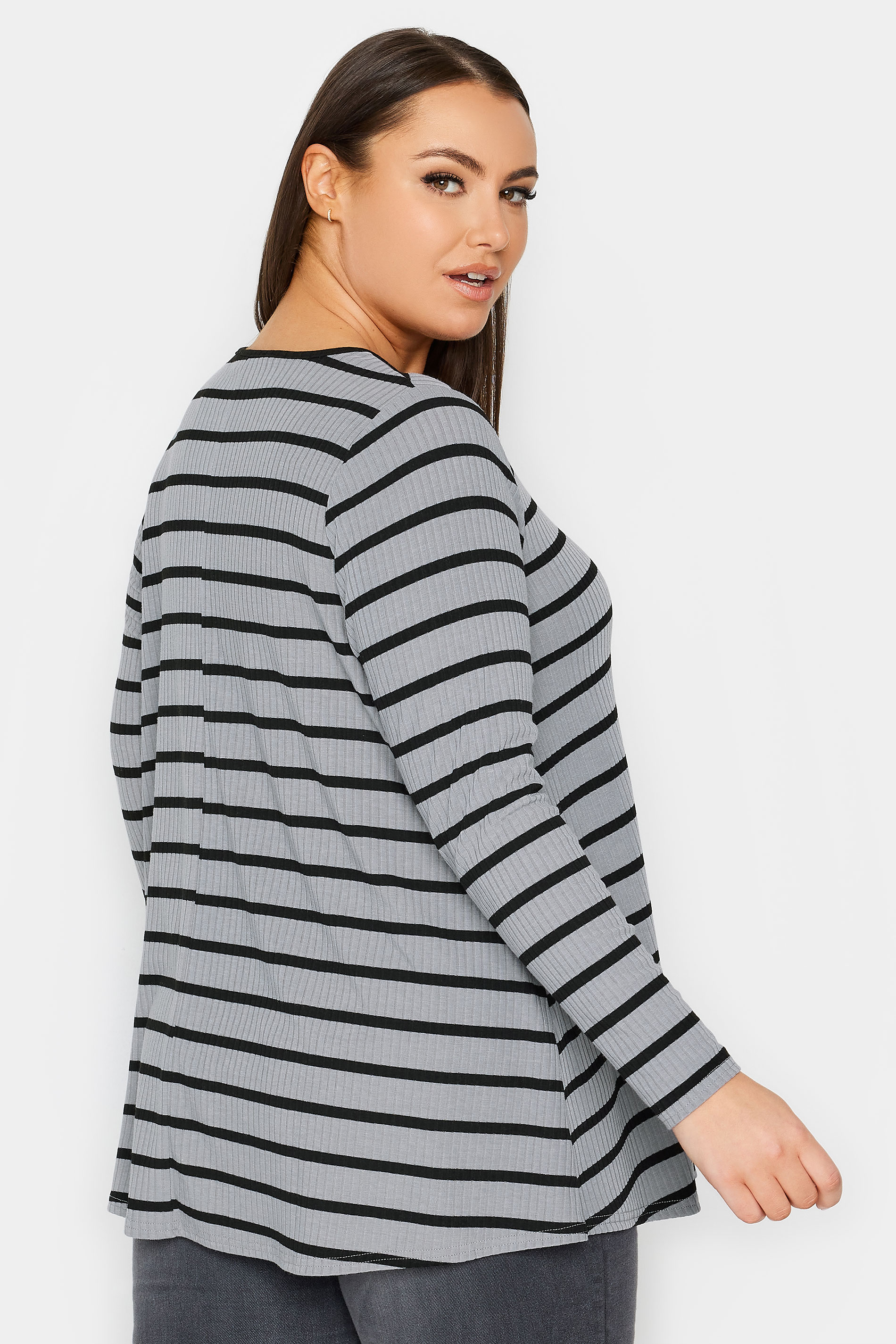 YOURS Plus Size Grey & Black Stripe Ribbed Swing T-Shirt | Yours Clothing 3
