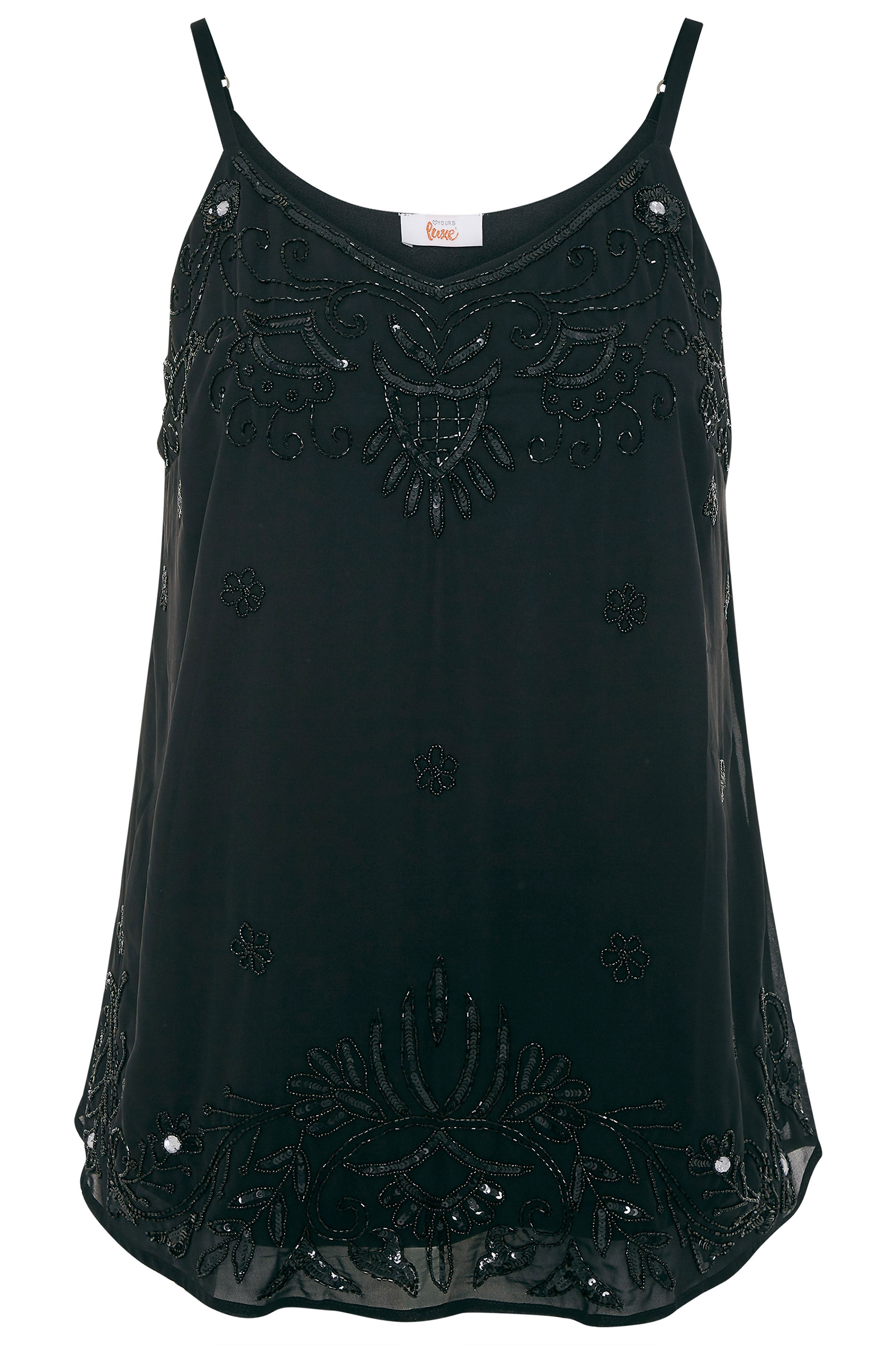 LUXE Black Floral Embellished Chiffon Cami Top | Yours Clothing