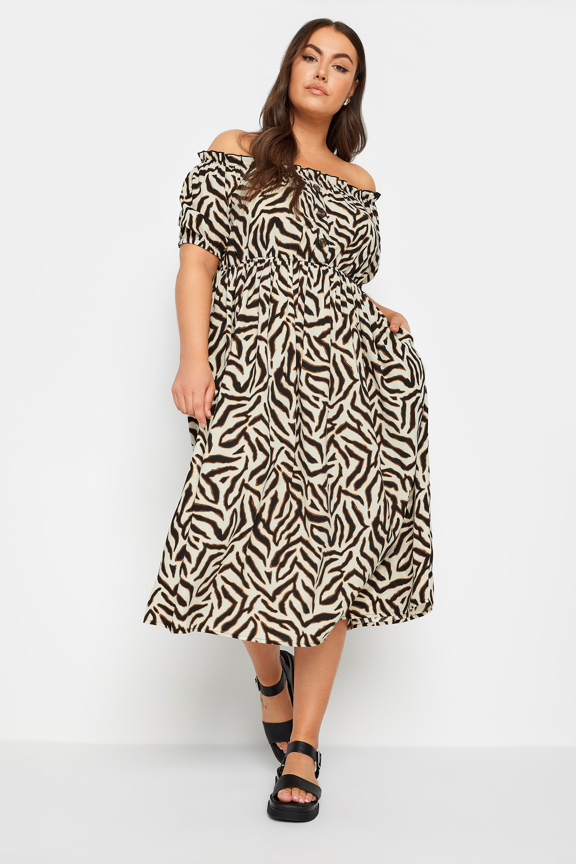 YOURS Plus Size Beige Brown Animal Print Bardot Midi Dress | Yours Clothing 2