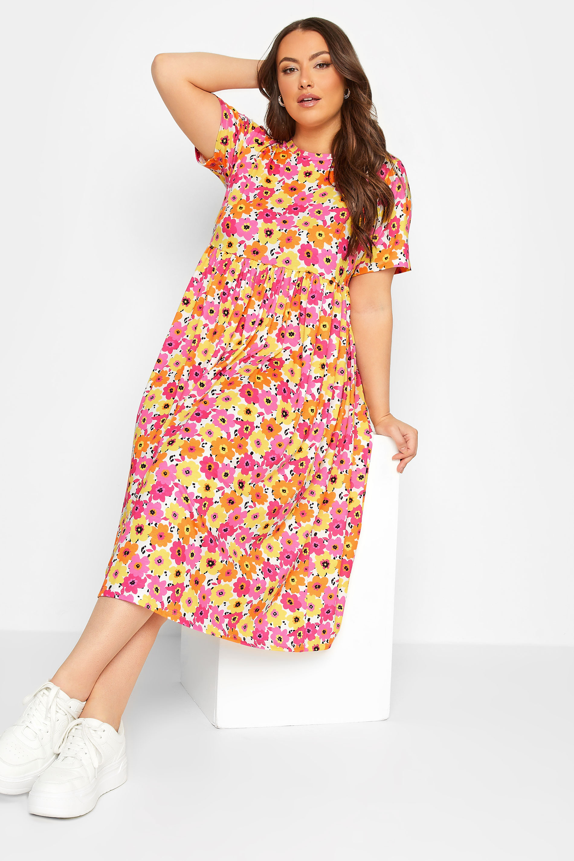 YOURS Plus Size Pink & Yellow Floral Midi Smock Dress | Yours Clothing 2