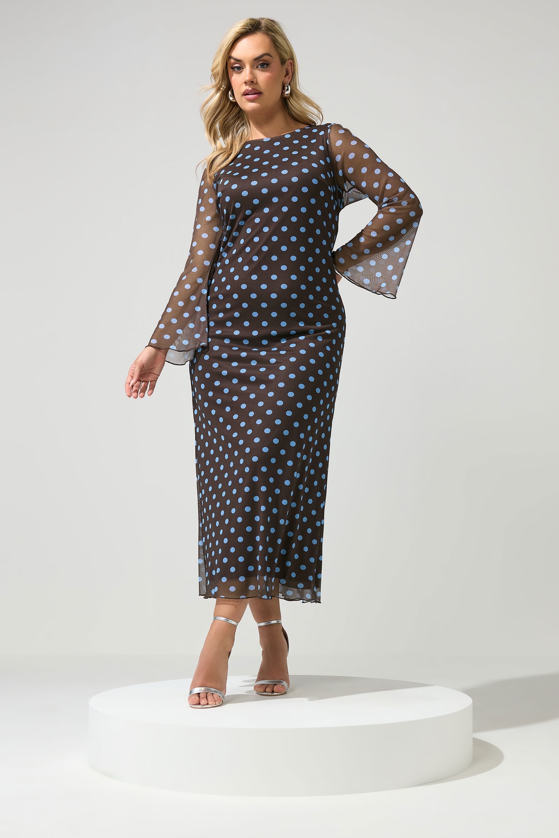 YOURS LONDON Plus Size Chocolate Brown & Blue Polka Dot Mesh Dress | Yours Clothing 1