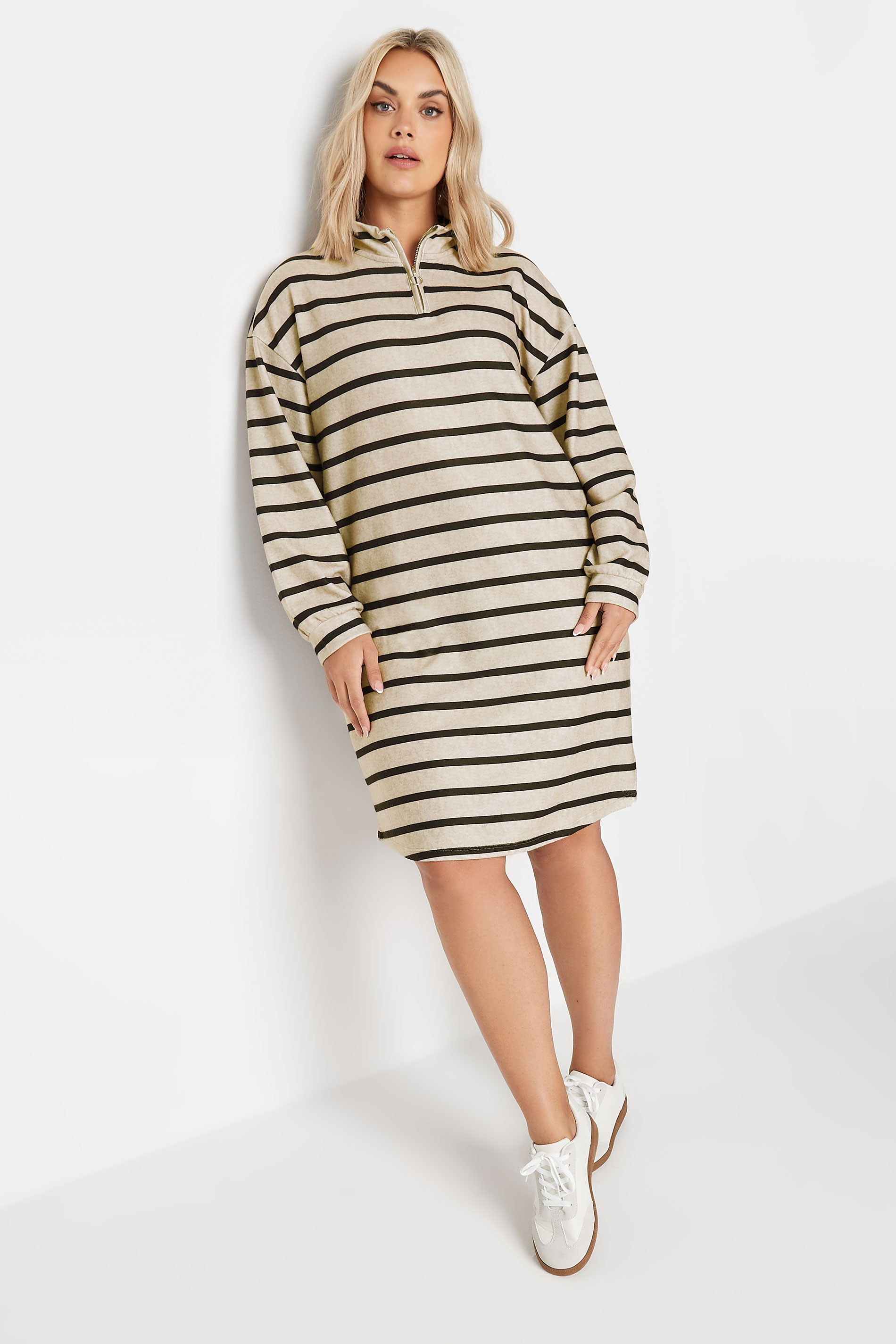 YOURS Plus Size Beige Brown & Black Stripe Soft Touch Jumper Dress | Yours Clothing 2