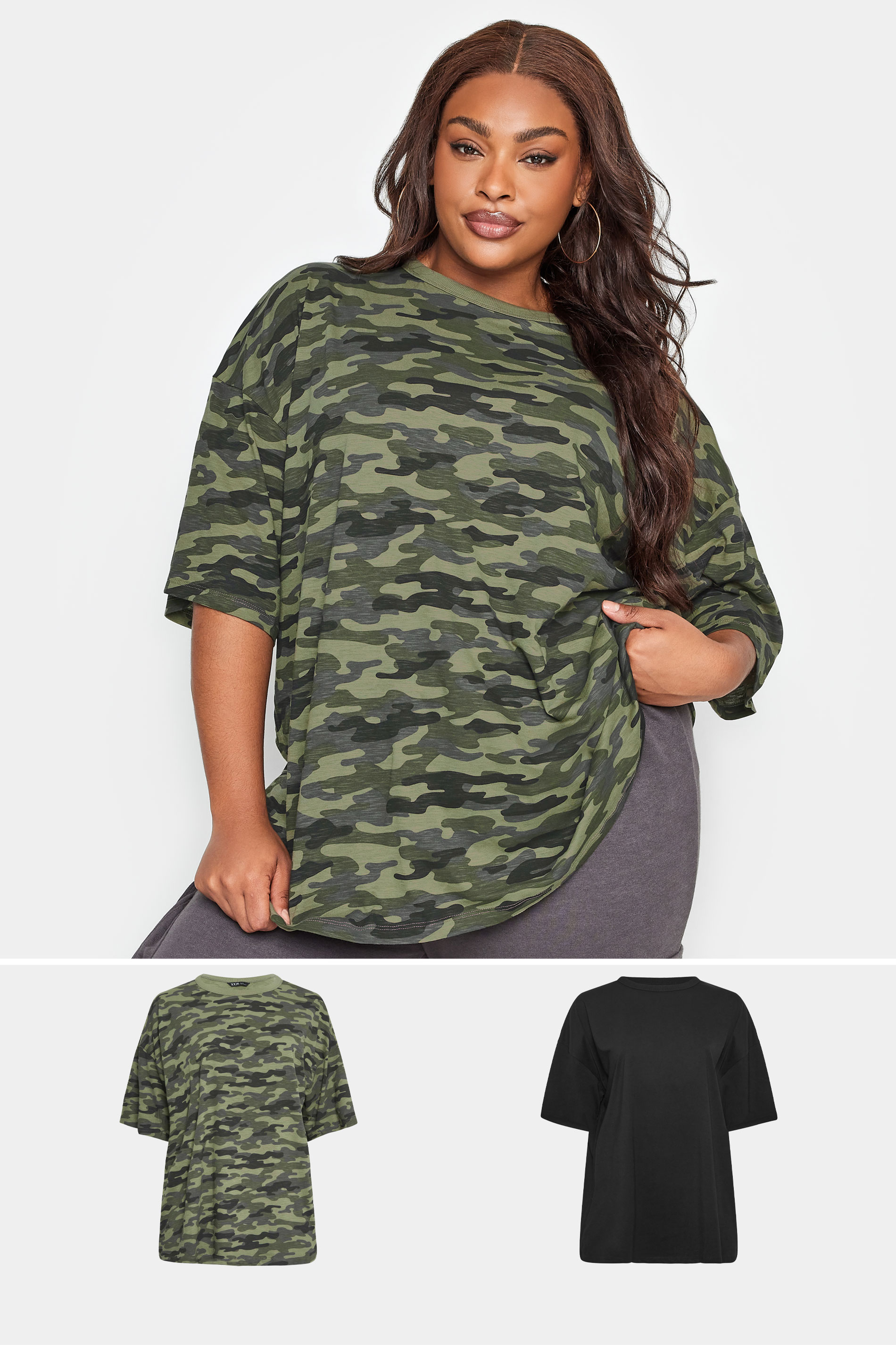 YOURS 2 PACK Plus Size Khaki Green & Black Camo Print T-Shirts | Yours Clothing 1