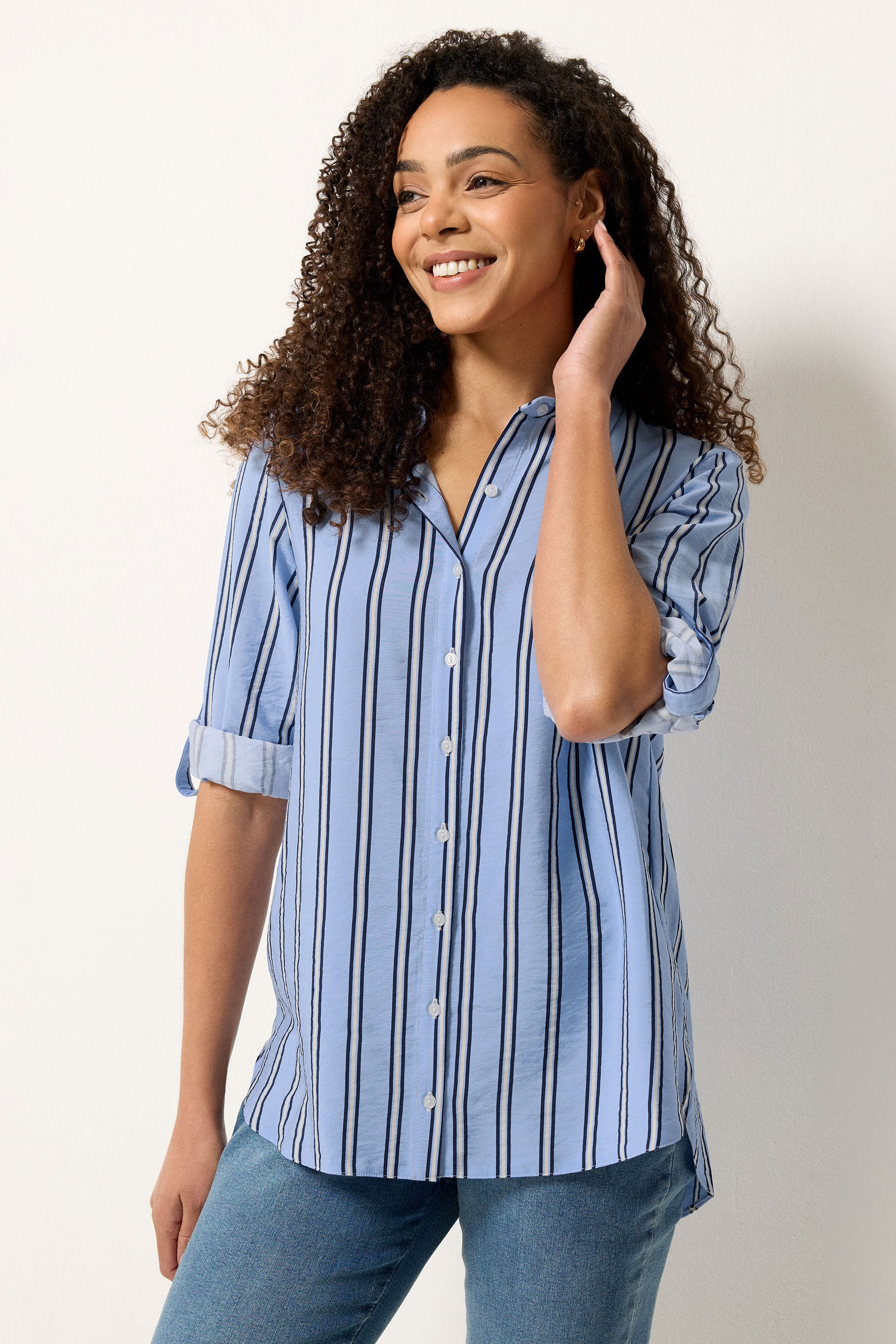 M&Co Blue Stripe Tab Sleeve Shirt 3