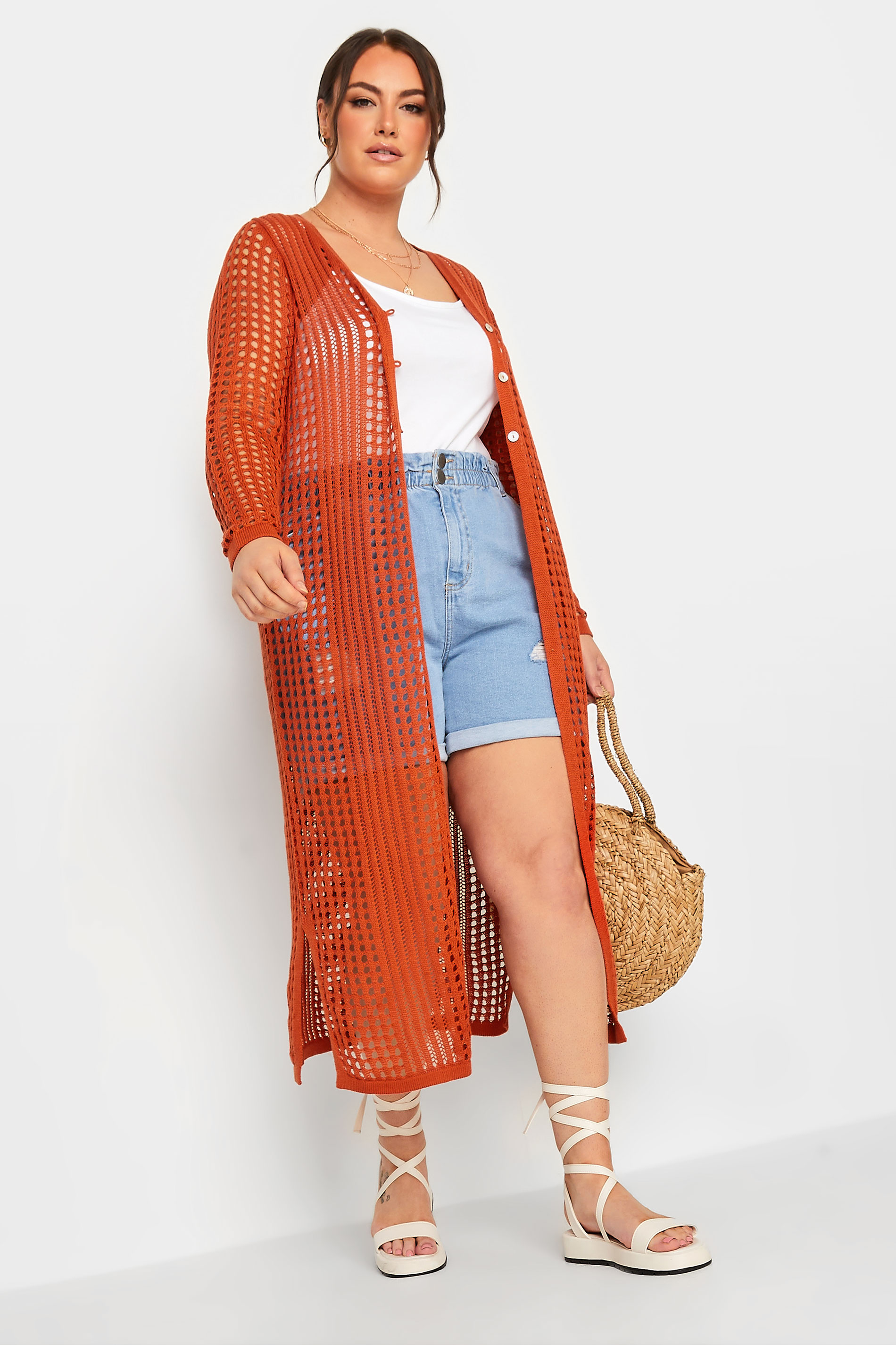 YOURS Plus Size Orange Crochet Button Longline Cardigan | Yours Clothing 1