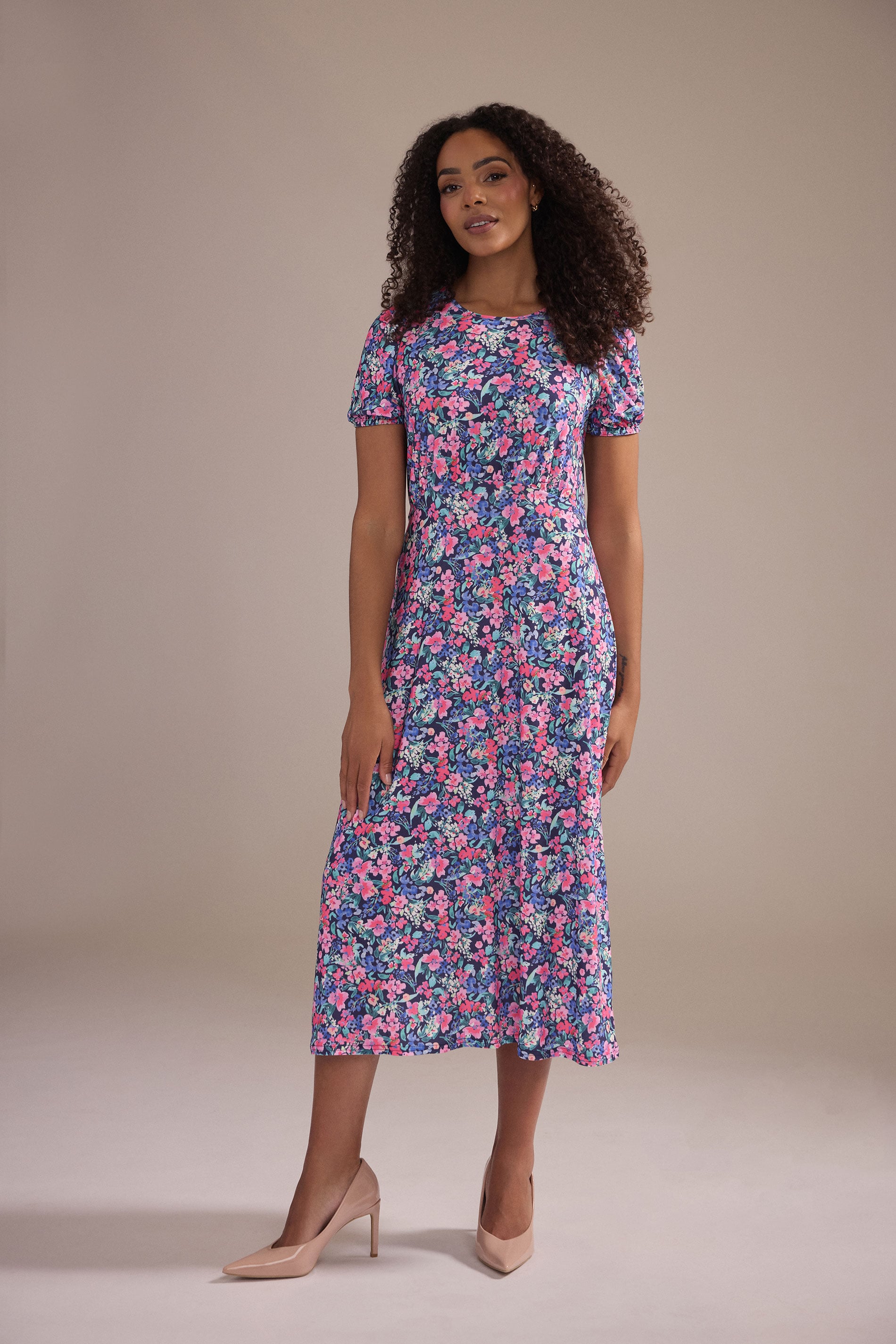 M&Co Pink Floral Short Sleeve Midi Dress | M&Co 1