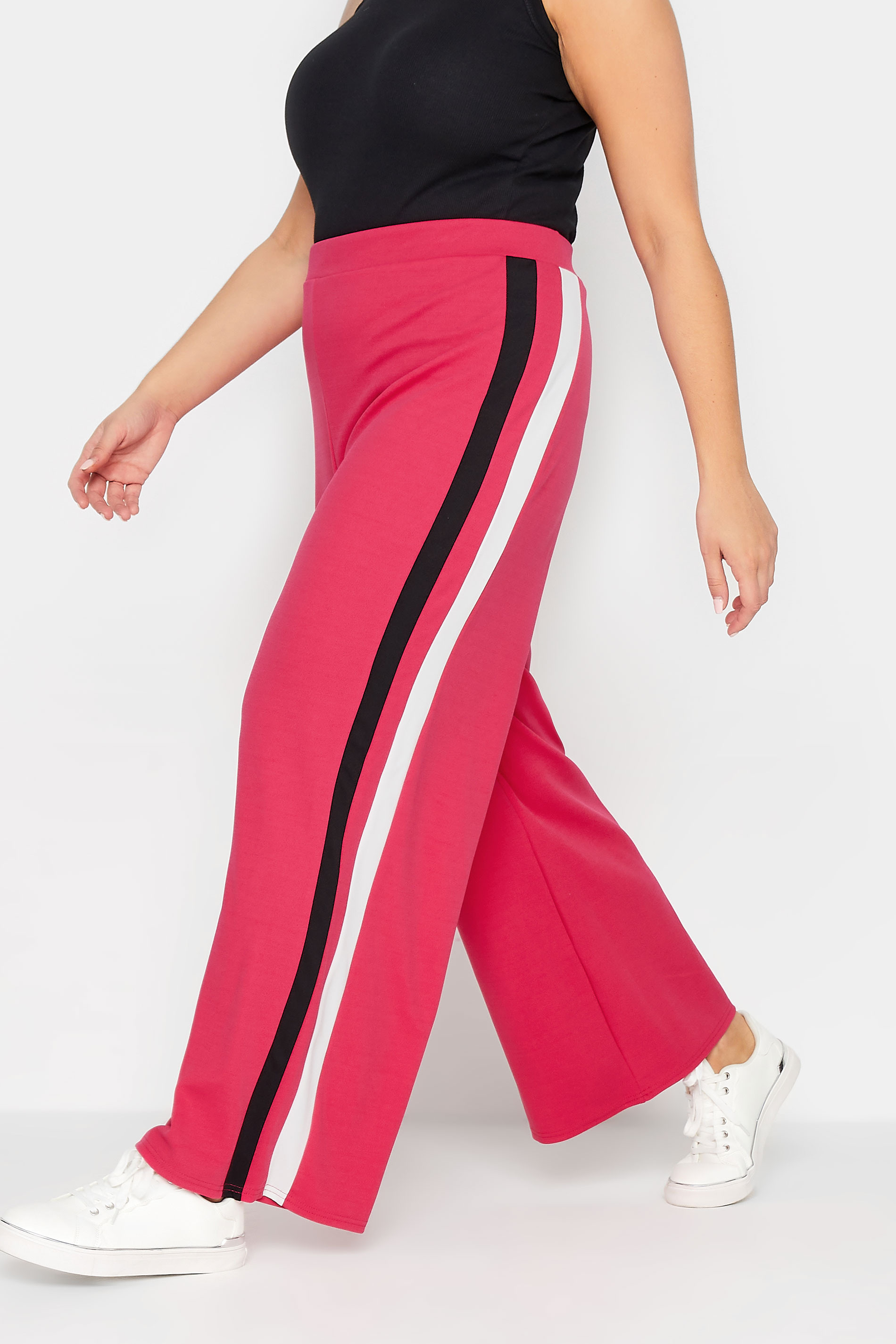YOURS PETITE Plus Size Pink Side Stripe Wide Leg Trousers | Yours Clothing 1