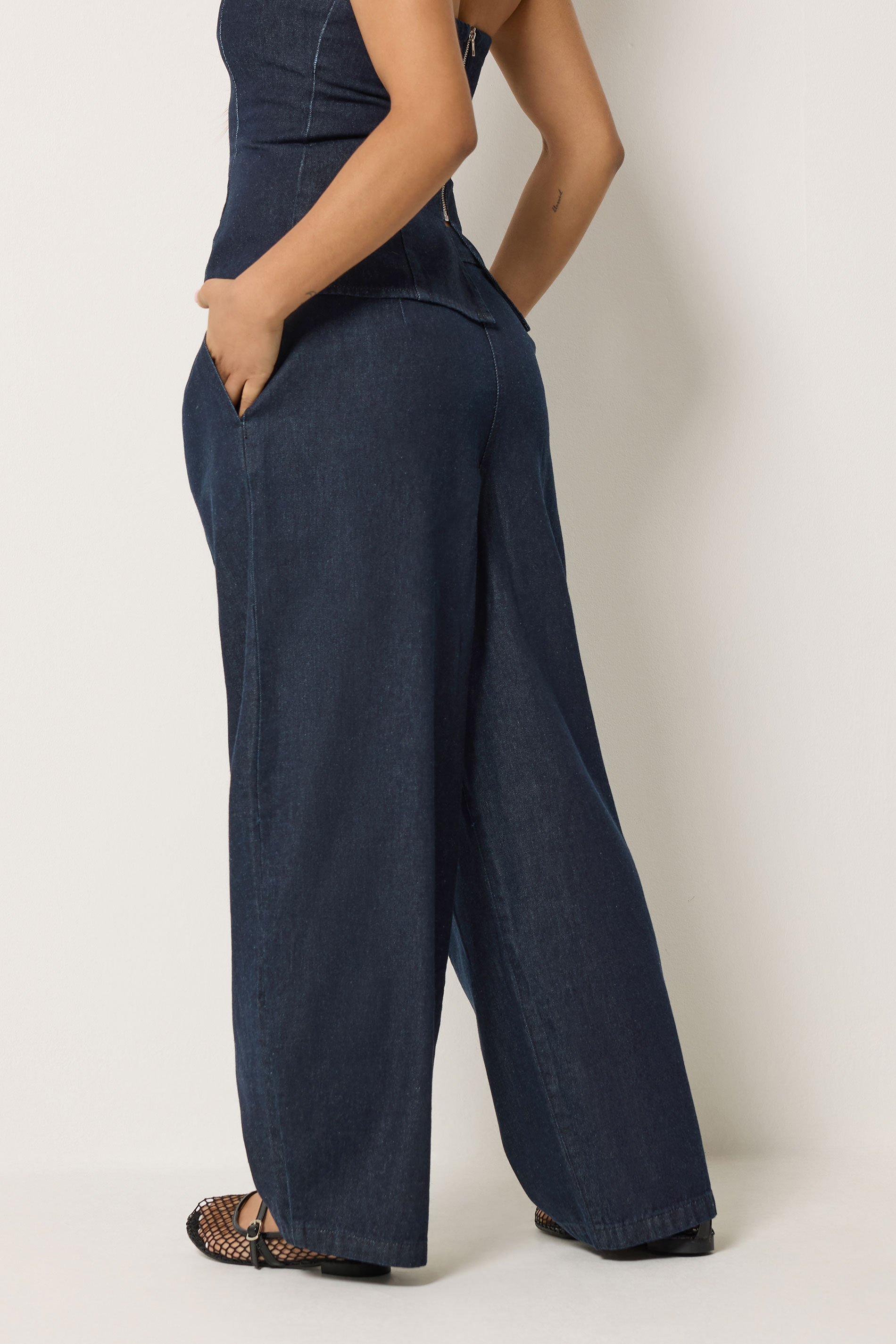 PixieGirl Petite Women's Dark Blue Pleated Wide Leg Jeans | PixieGirl  2