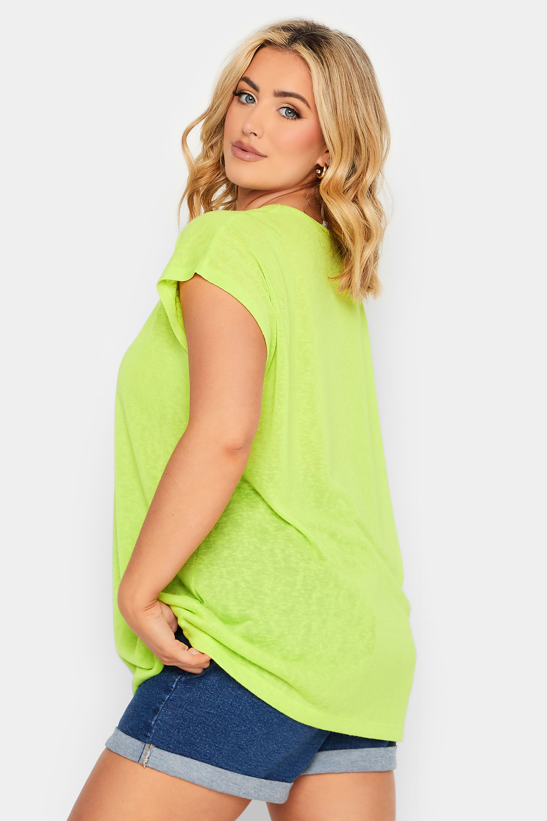 YOURS Curve Plus Size Lime Green Linen Look T-Shirt | Yours Clothing 3