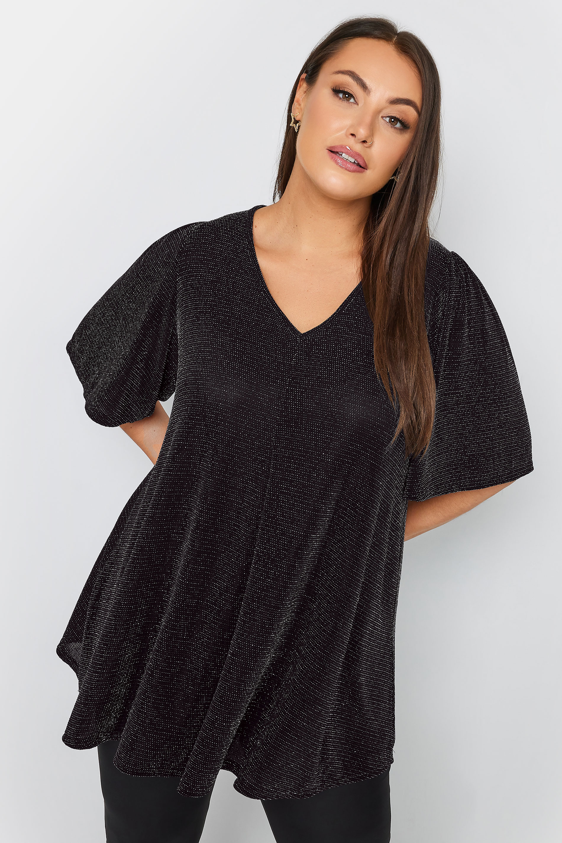 YOURS Plus Size Black Glitter Pleated Swing Top | Yours Clothing 1