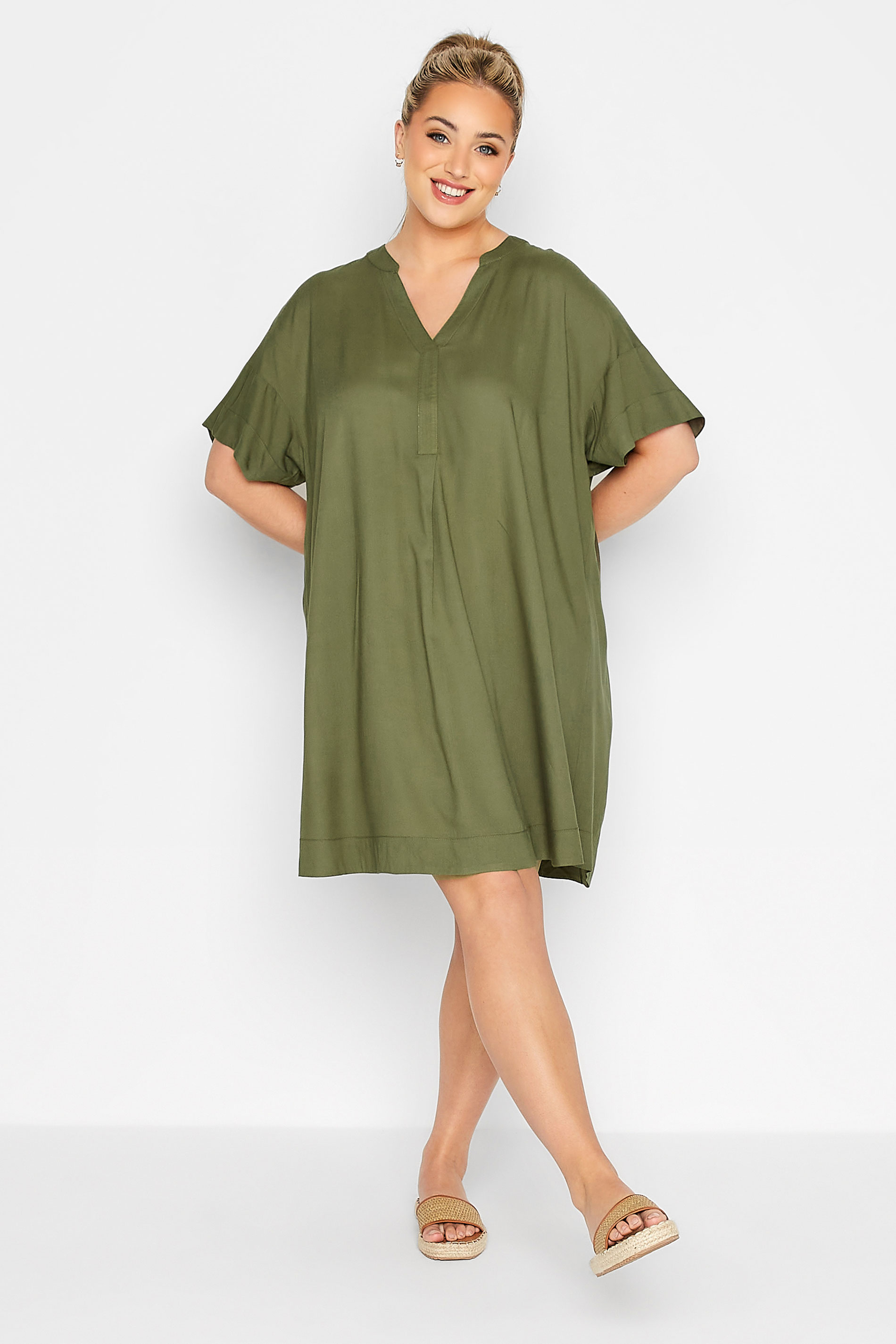 LIMITED COLLECTION Khaki Notch Neck Summer Throw On Dress 1