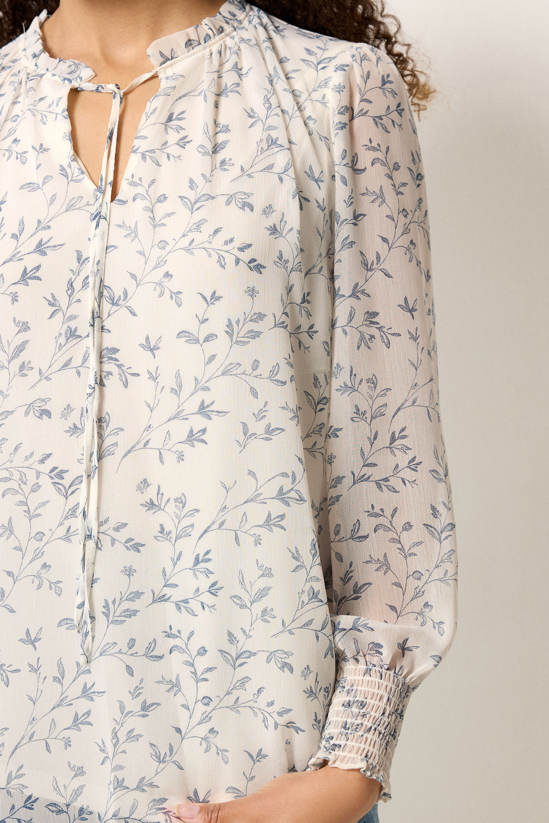 M&Co White & Blue Leaf Print Tie Neck Blouse | M&Co 4