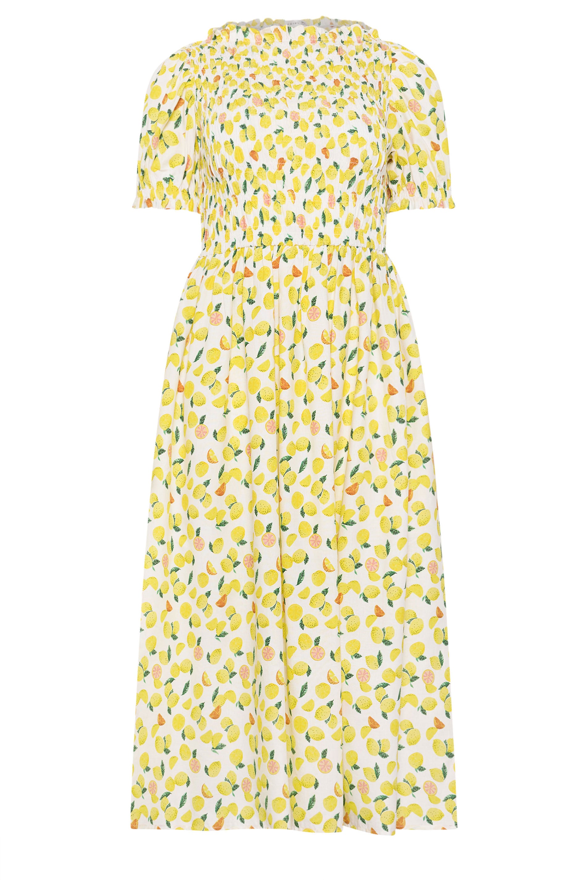 PixieGirl Petite Women's Yellow Lemon Shirred Midi Dress | PixieGirl 5