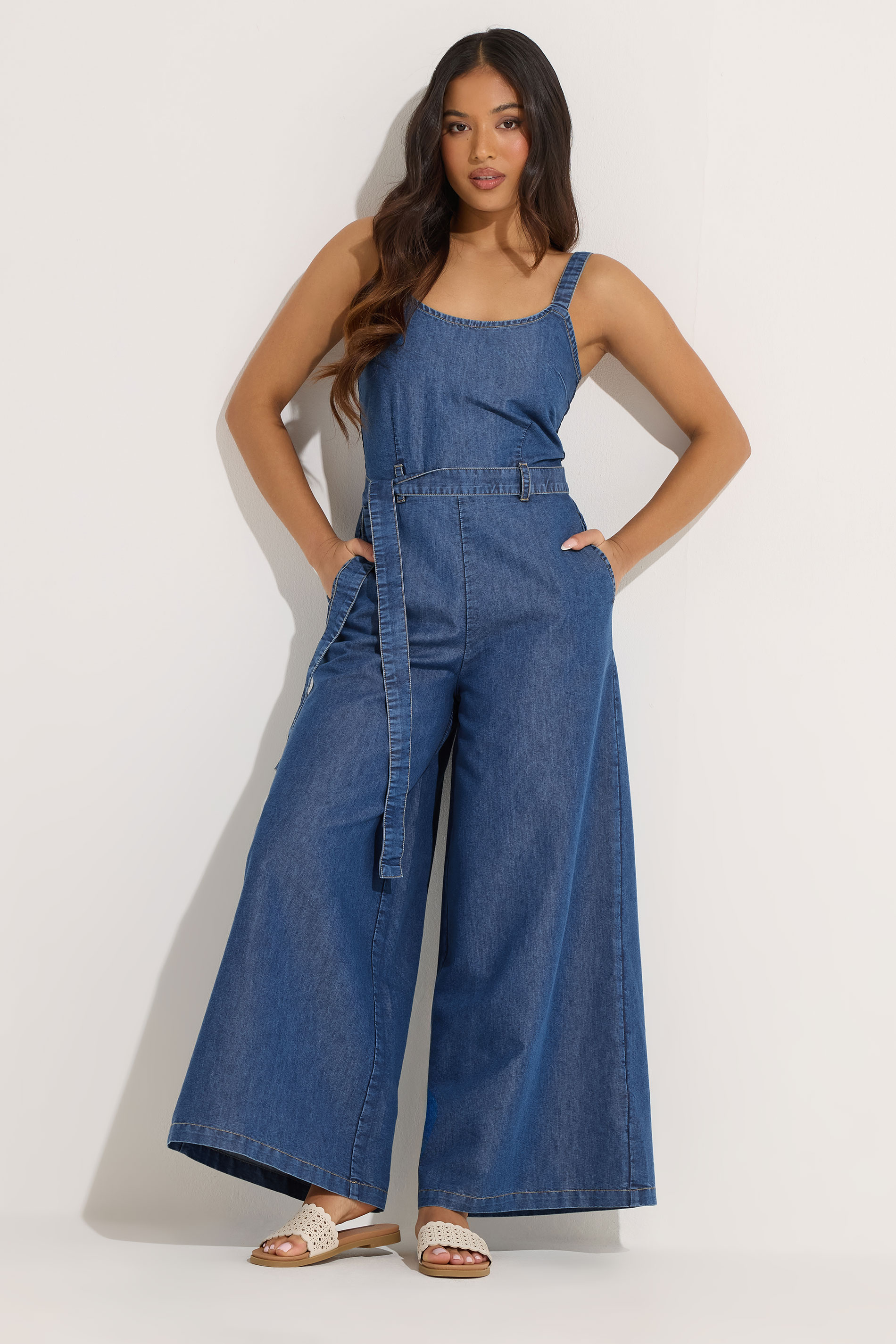 PixieGirl Petite Women's Blue Denim Wide Leg Jumpsuit | PixieGirl 3