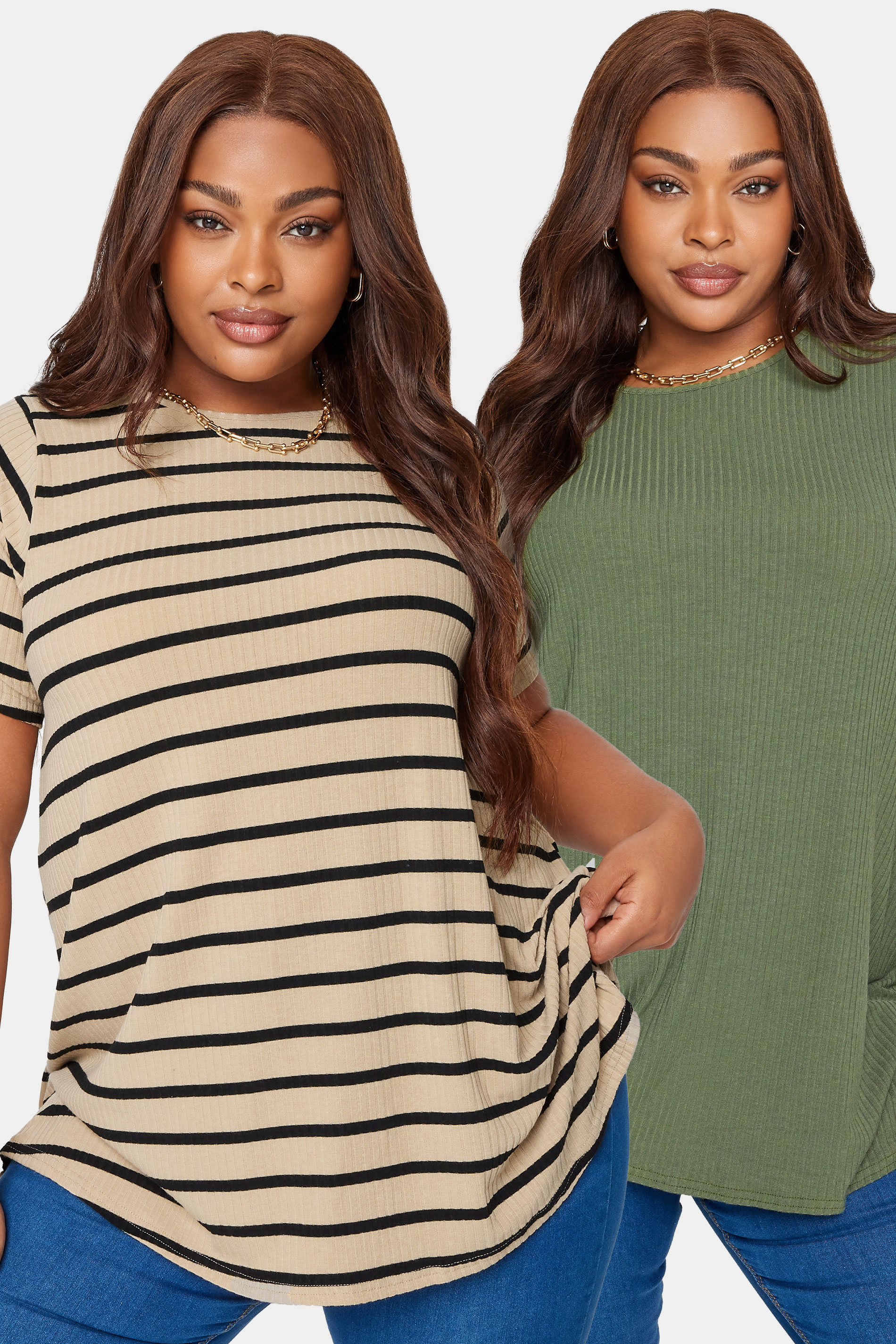 YOURS Plus Size Curve 2 Pack Khaki Green Ribbed Stripe Swing T-Shirts | Yours Clothing  1