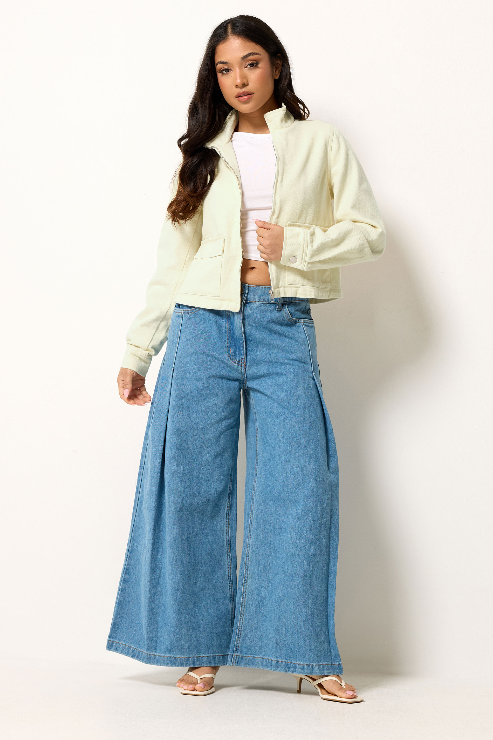 PixieGirl Petite Women's Lemon Yellow Funnel Neck Denim Jacket | PixieGirl 1