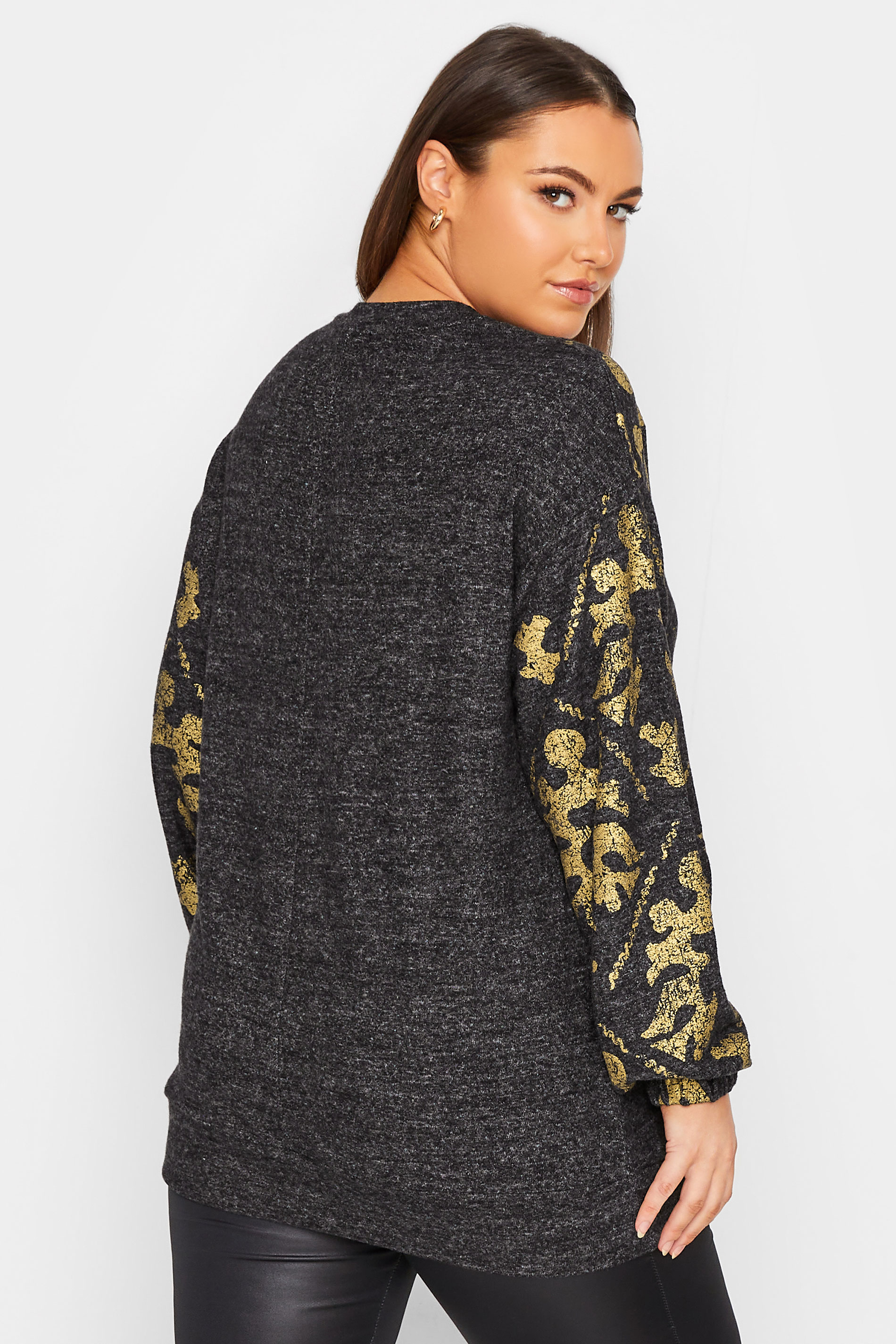 YOURS LUXURY Plus Size Curve Charcoal Grey & Gold Filigree Print Soft Touch Jumper 3