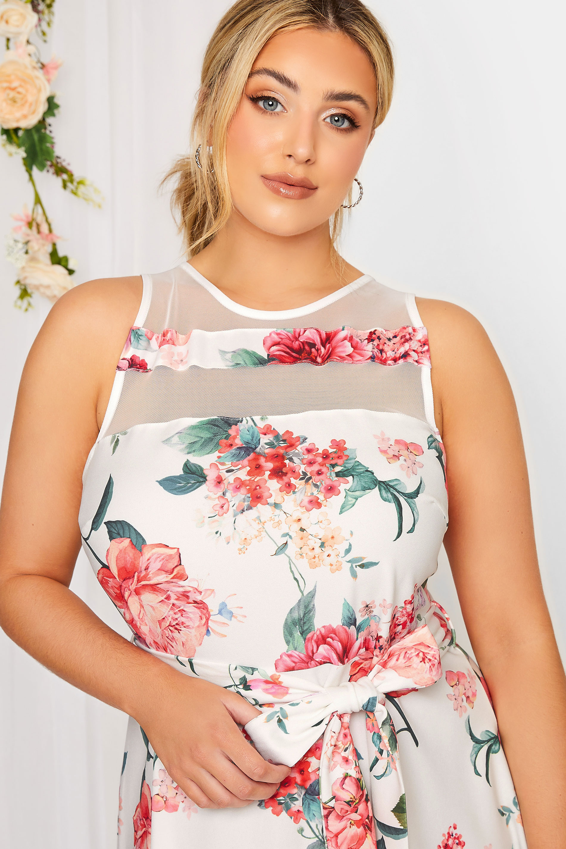 Yours London Curve Plus Size White And Pink Mesh Floral Skater Dress Yours Clothing 0707