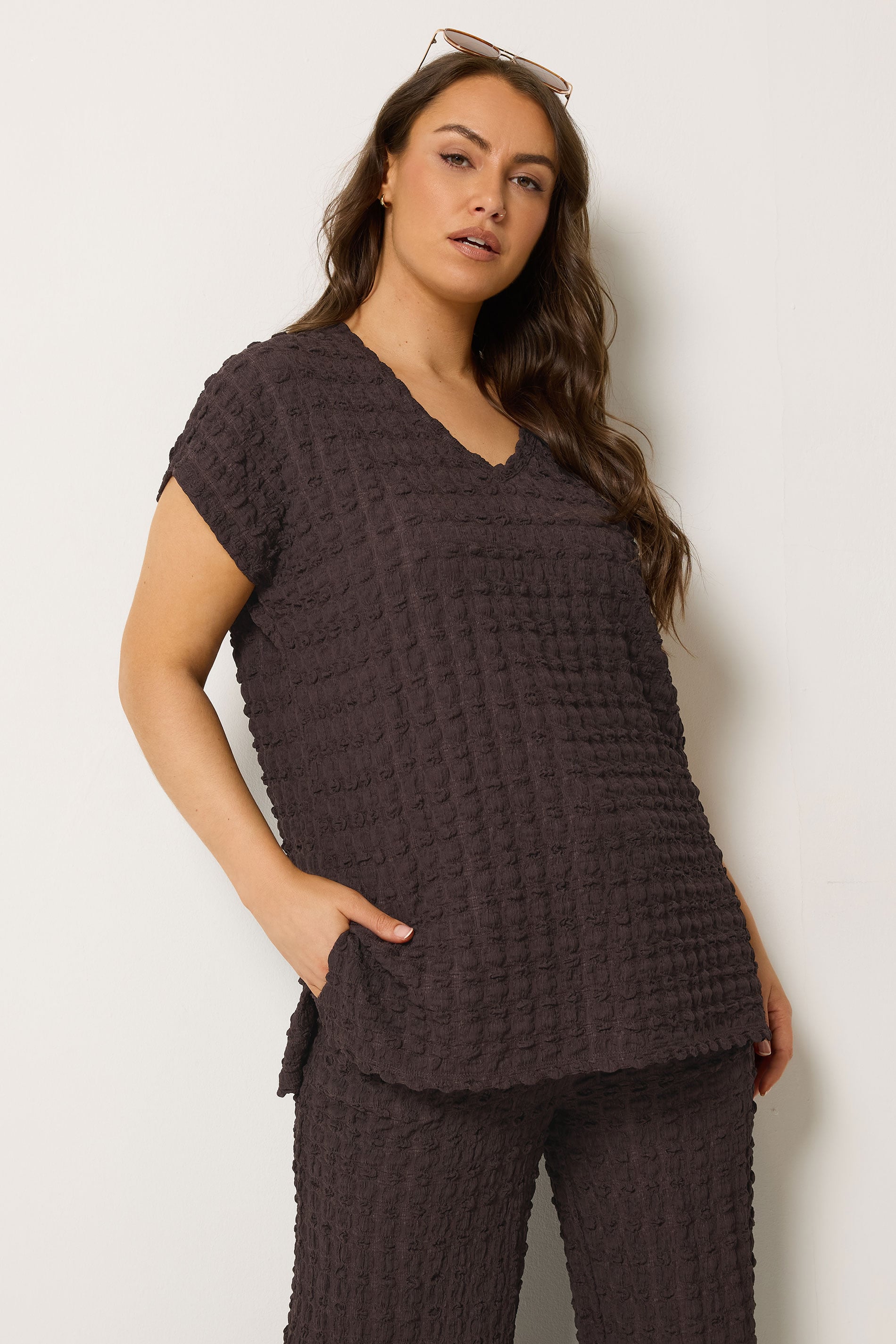 YOURS Plus Size Set Chocolate Brown Set Bubble Textured Top & Trousers | Yours Clothing 1