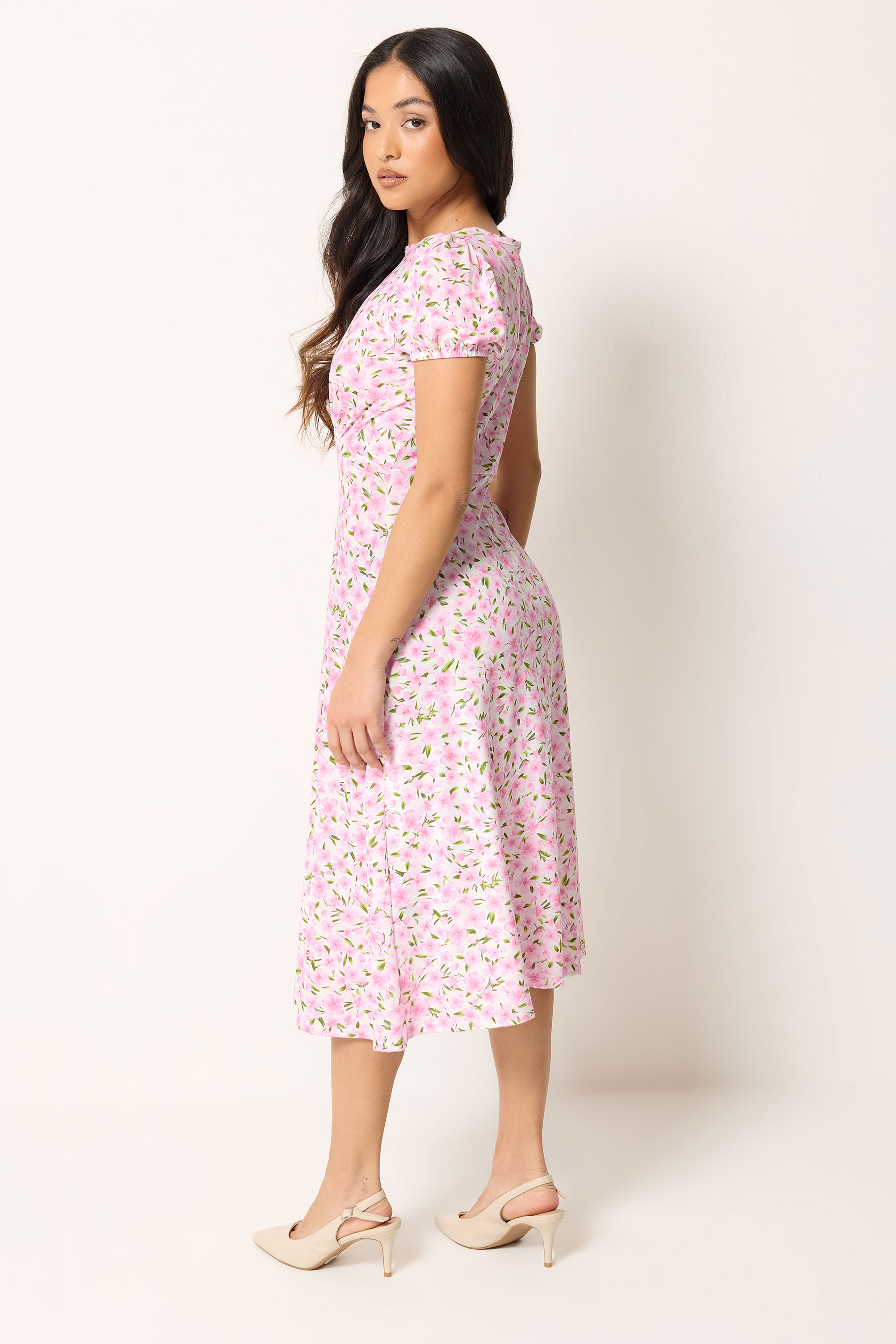 PixieGirl Petite Women's Pink & White Floral Midi Dress | PixieGirl 2