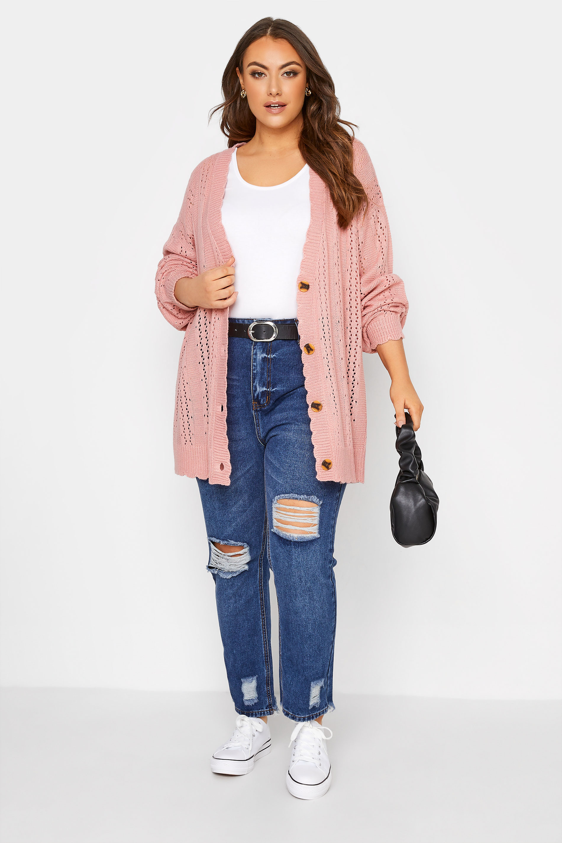 Plus Size Curve Pink Pointelle Balloon Sleeve Cardigan | Yours Clothing 2