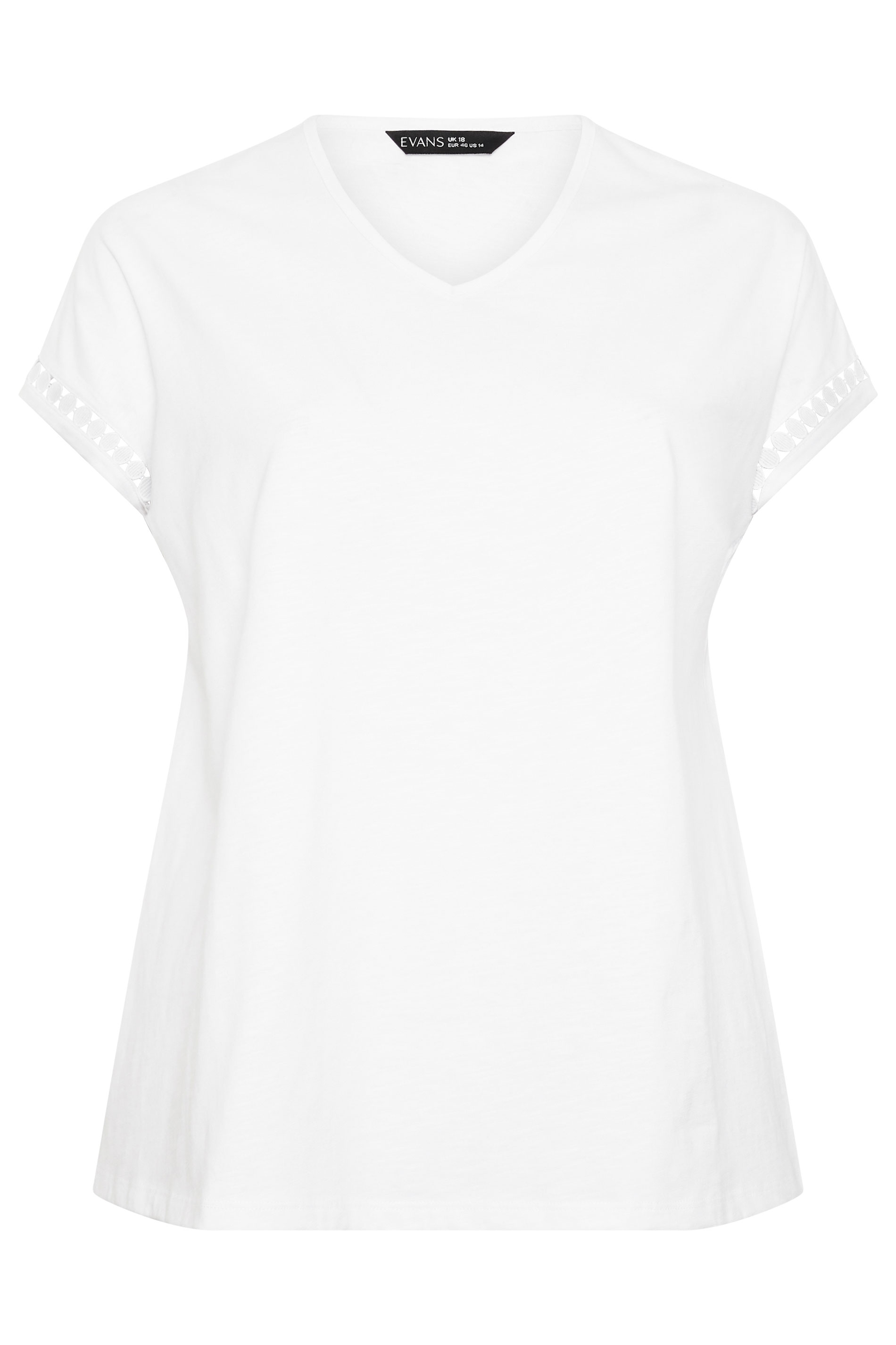 EVANS Plus Size White Crochet Trim Cotton V Neck T-Shirt | Evans 5
