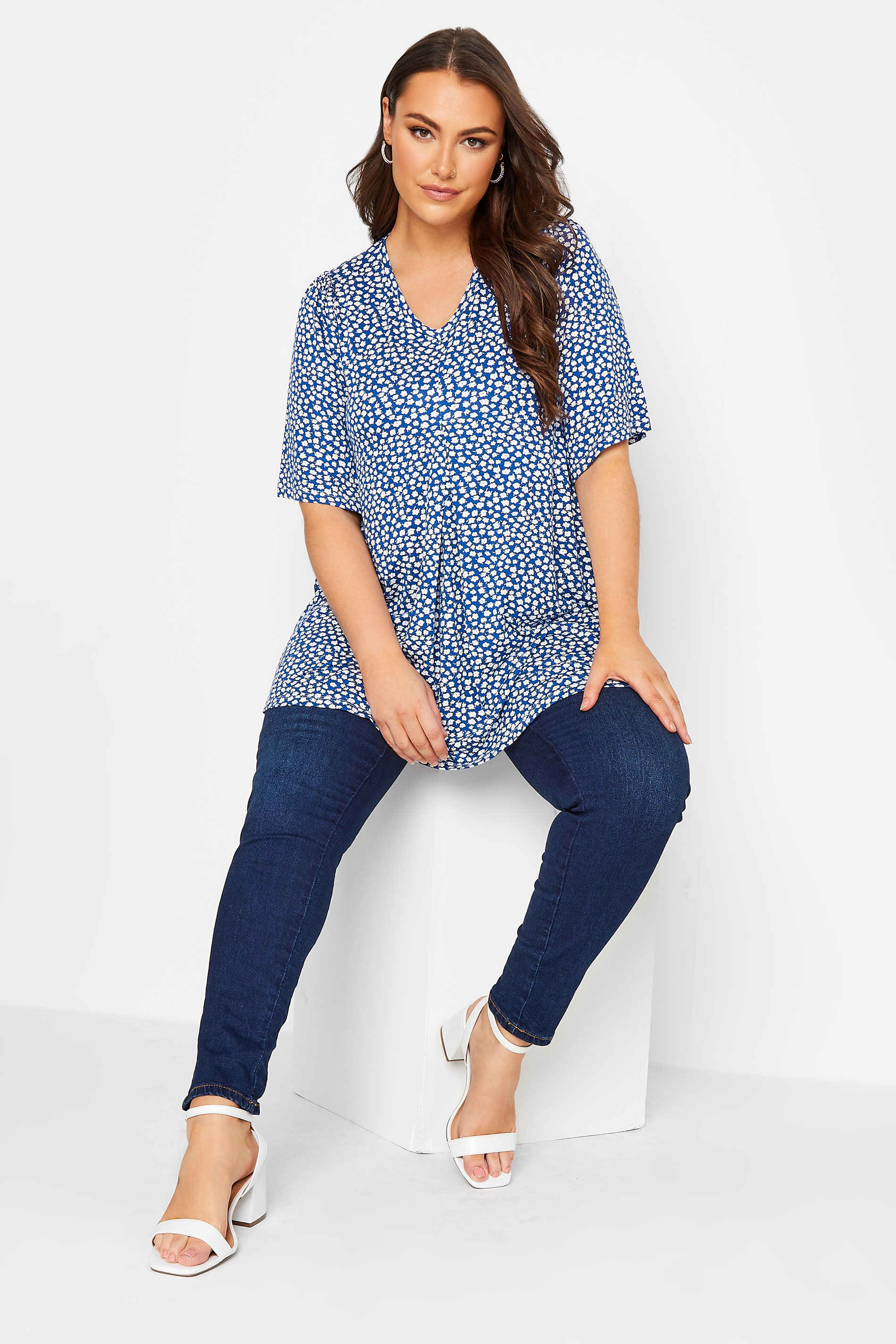 Plus Size Blue Floral Pleat Front Top | Yours Clothing 2