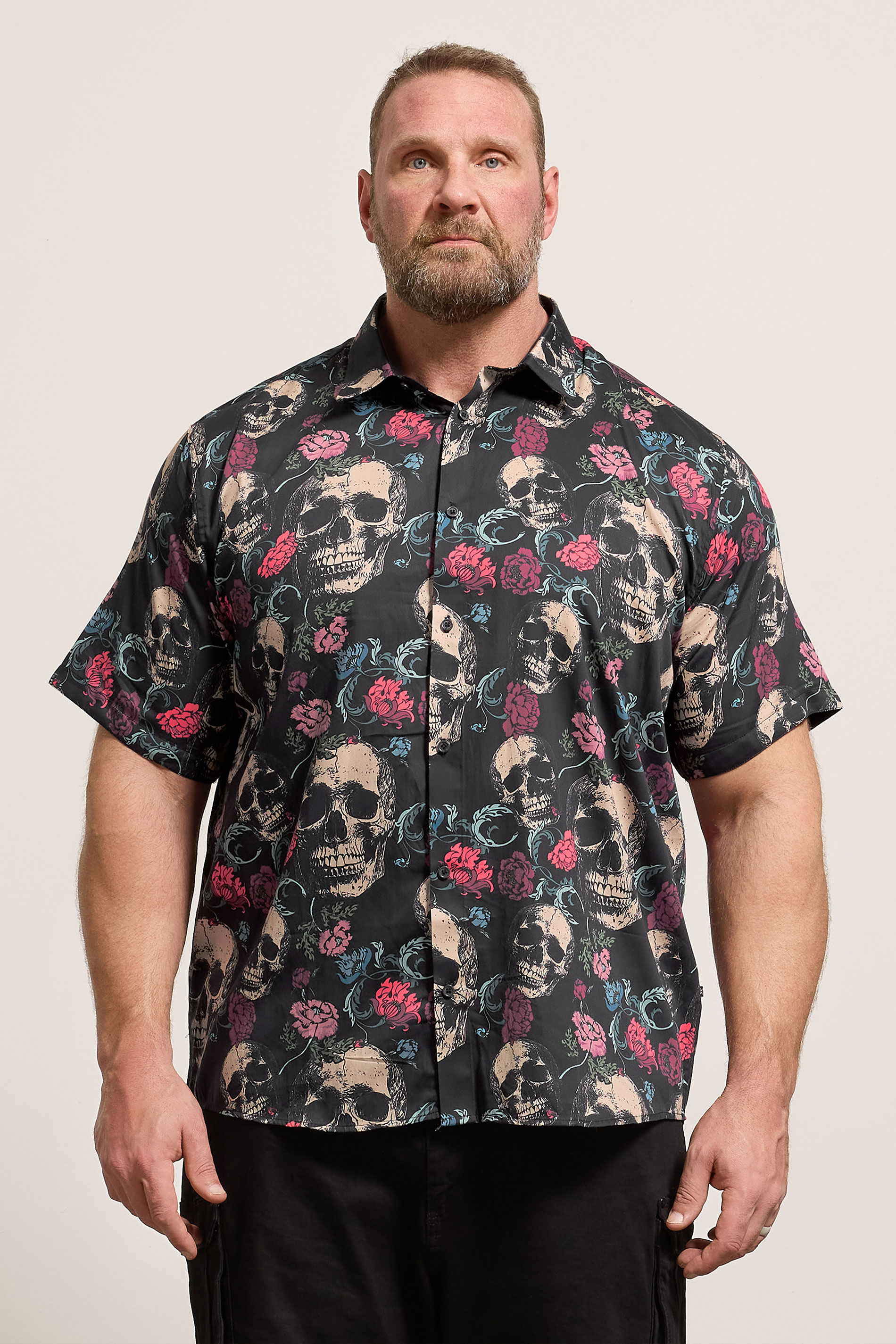KAM Big & Tall Black Floral Skull Print Shirt | BadRhino 3