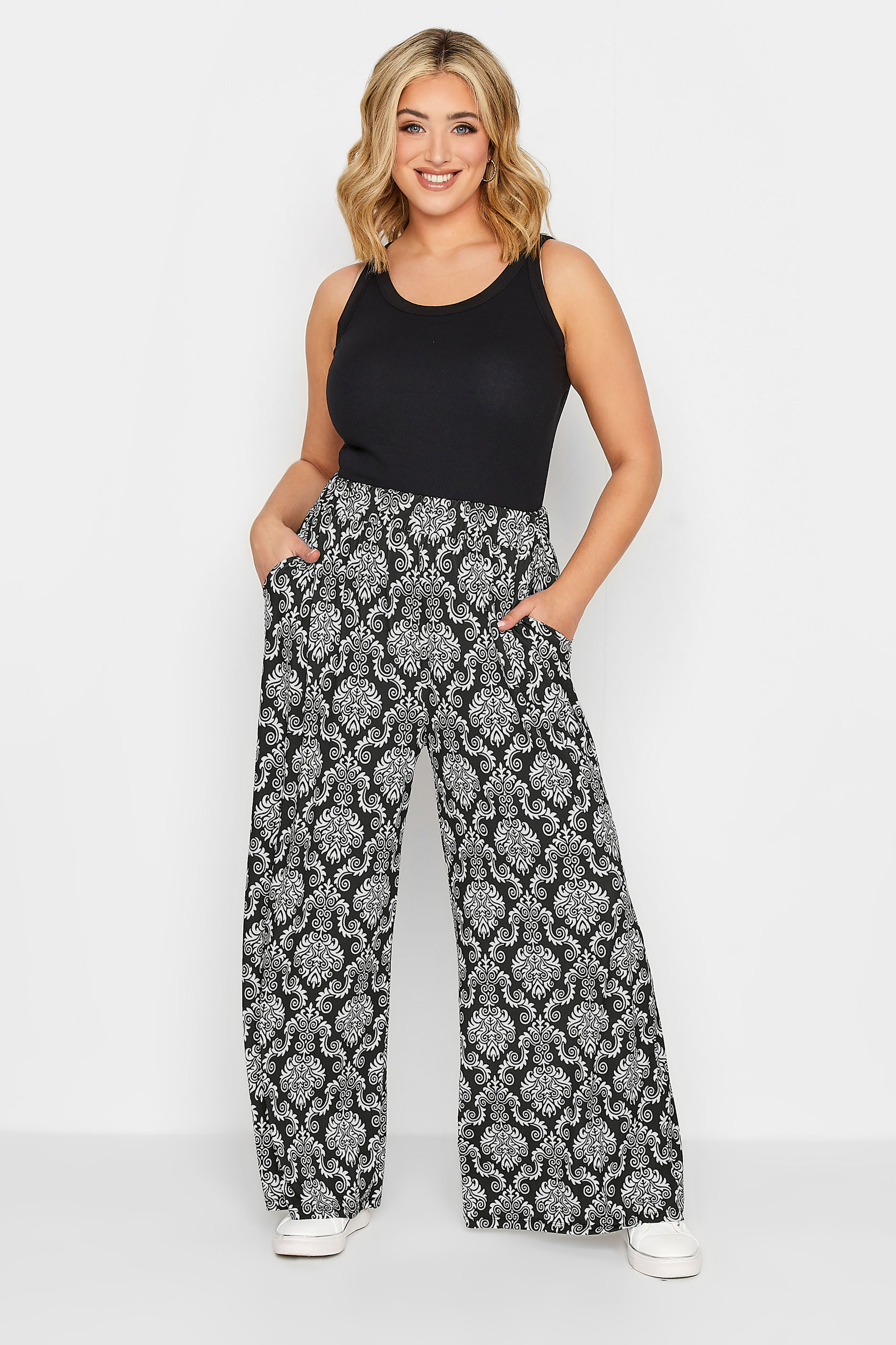 YOURS Plus Size Black Paisley Print Pull On Wide Leg Trousers | Yours Clothing 2