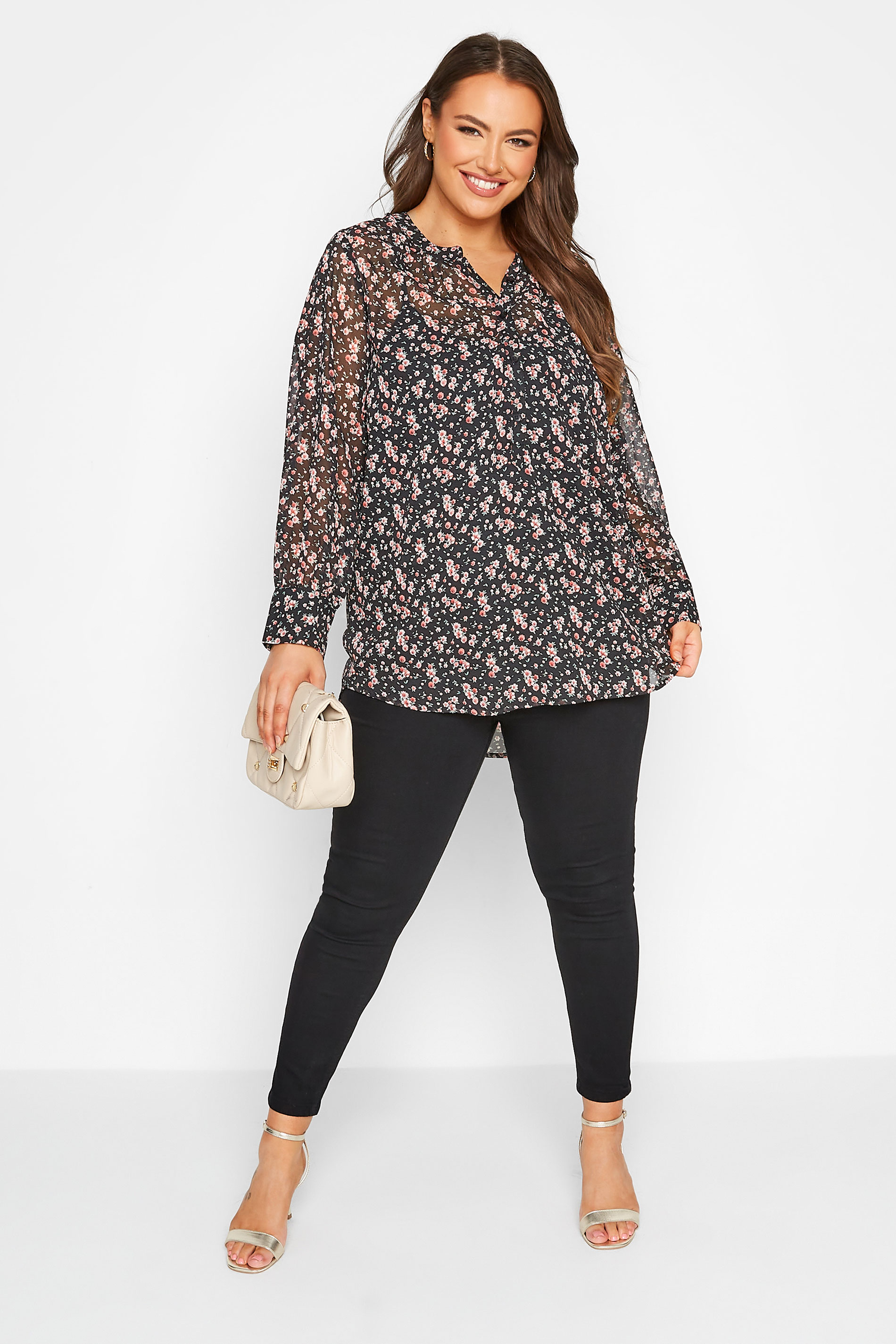 Plus Size Black Ditsy Print Balloon Sleeve Shirt | Yours Clothing 2