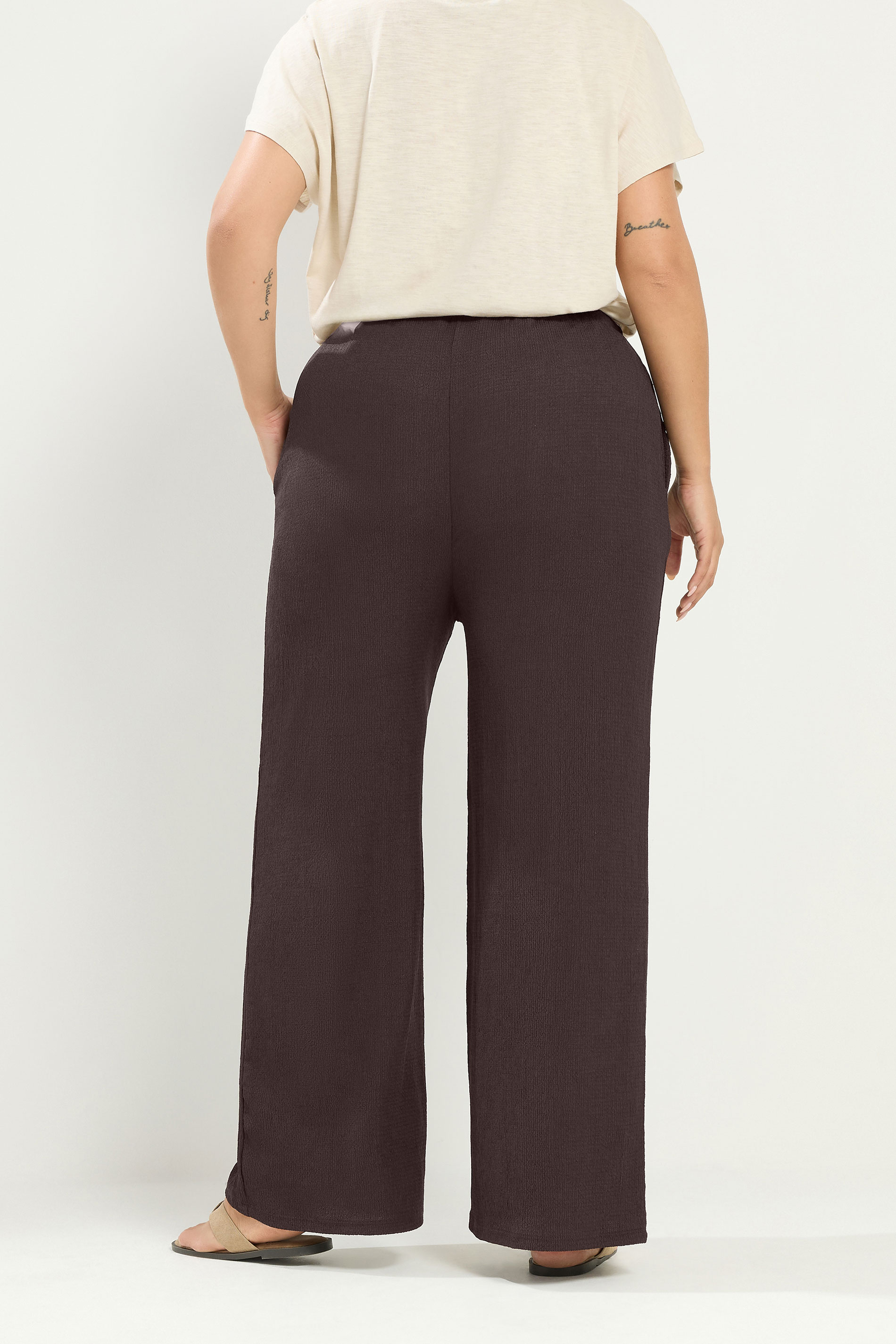 YOURS Plus Size Chocolate Brown Textured Wide Leg Trousers | Yours Clothing 2