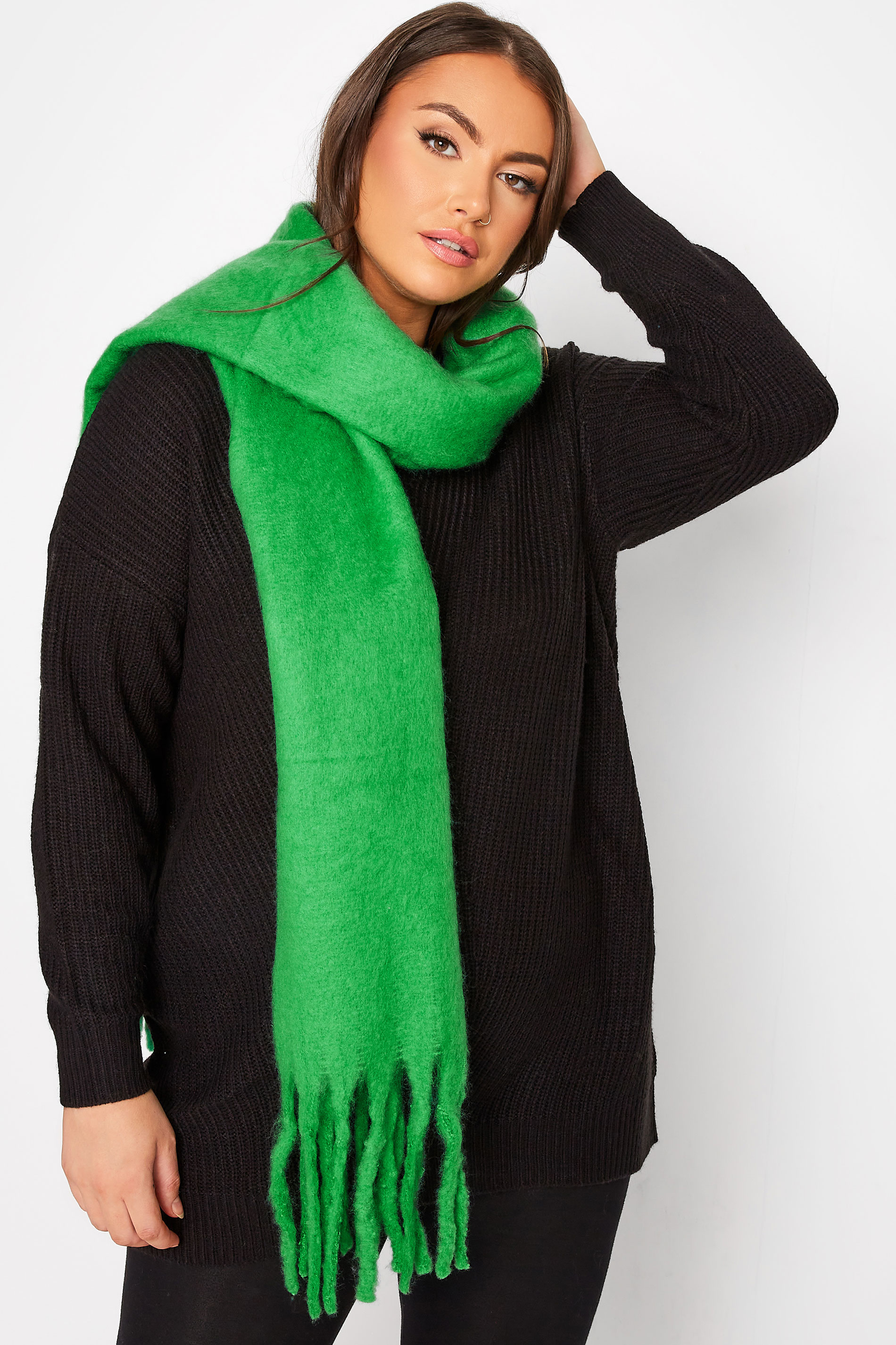 Green Super Soft Chunky Tassel Scarf | Yours Clothing 1