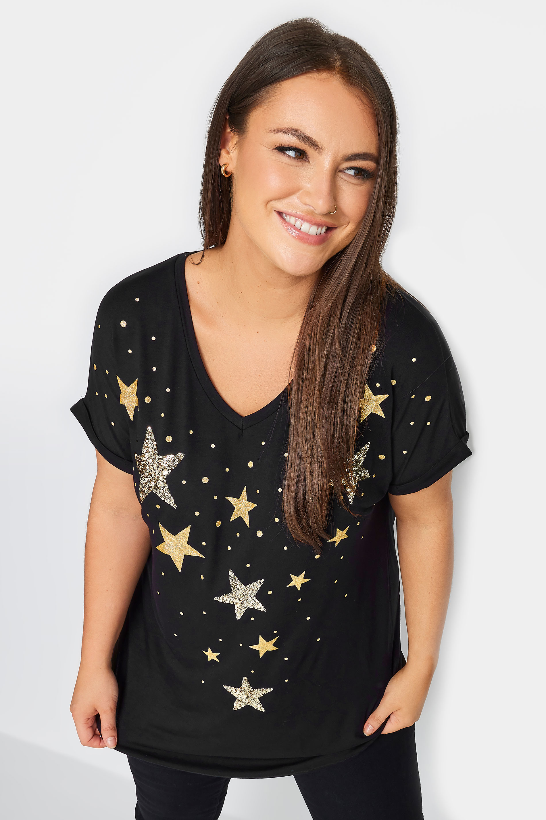 YOURS Curve Plus Size Black Star Print T-Shirt | Yours Clothing   1