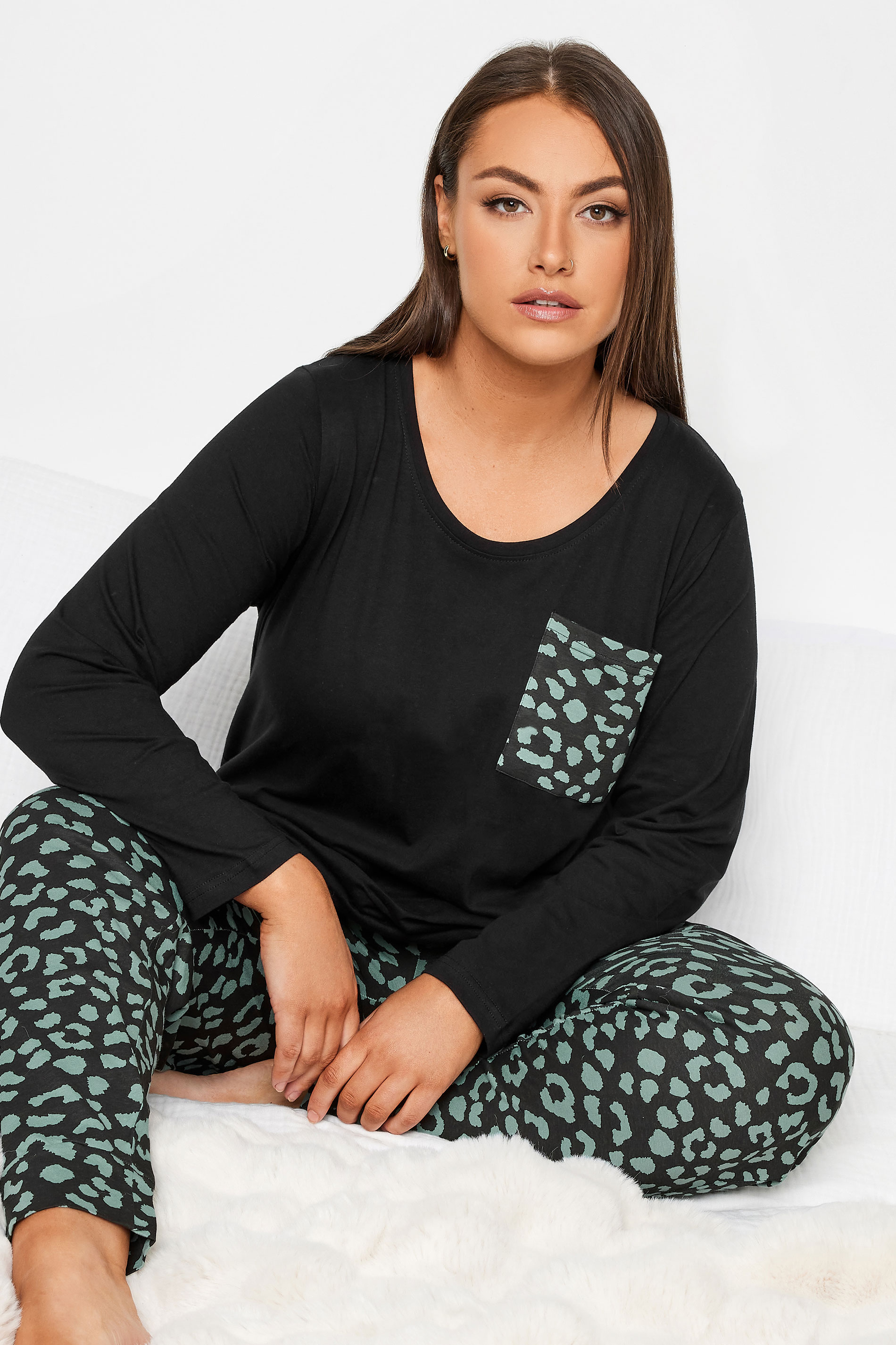 YOURS Plus Size Black Animal Print Long Sleeve Pyjama Set | Yours Clothing 1