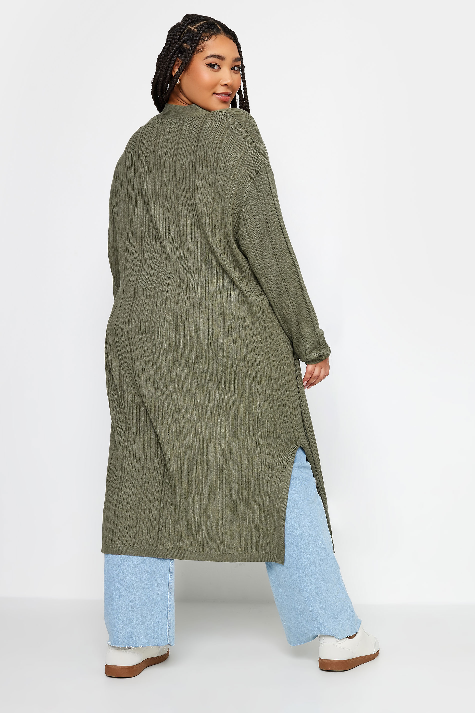 YOURS Plus Size Khaki Green Longline Ribbed Cardigan | Yours Clothing 3