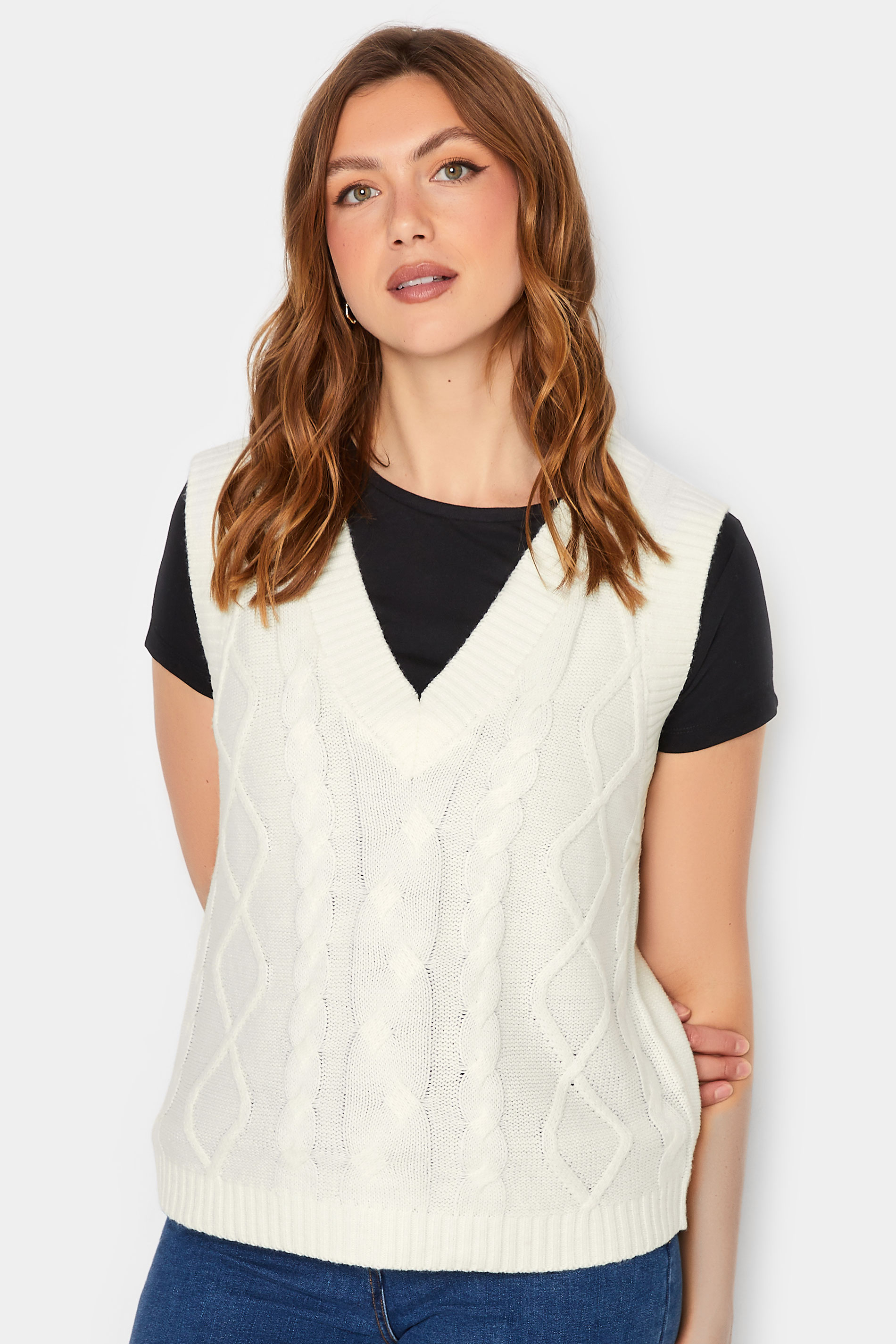 LTS Tall Women's White Cable Knit Sweater Vest Top | Long Tall Sally 1