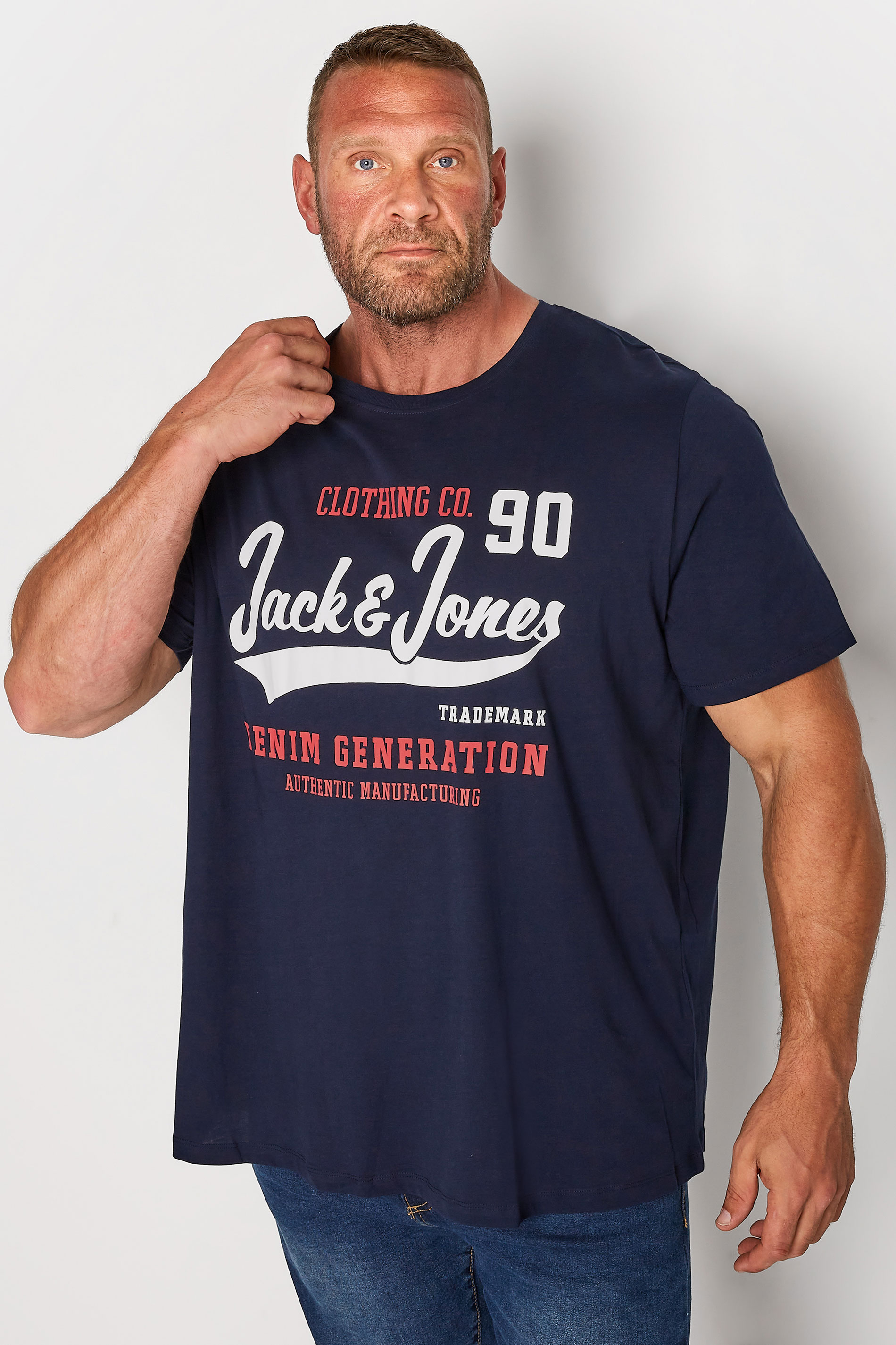 JACK & JONES Big & Tall Navy Blue Logo Print T-Shirt | BadRhino 1