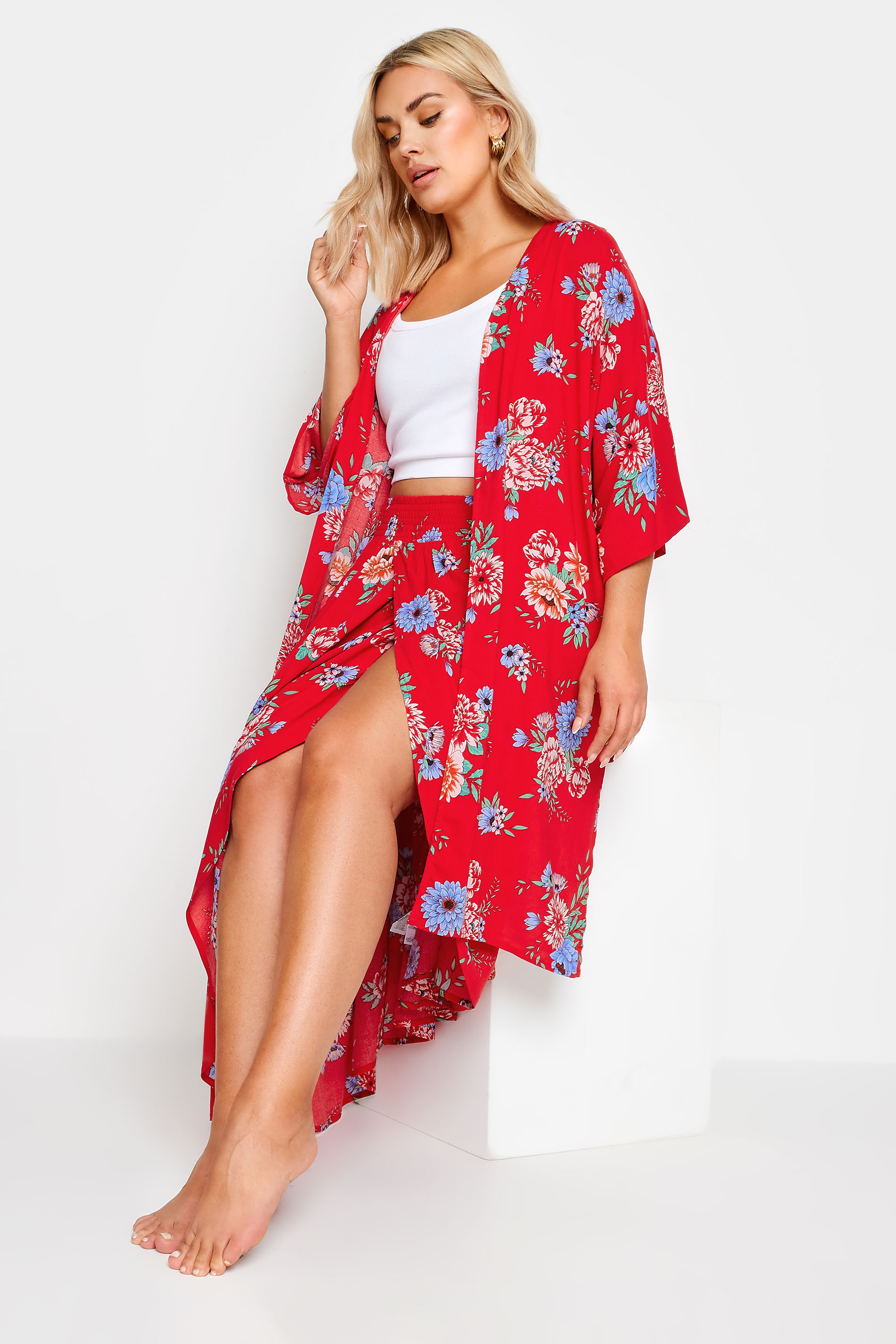 YOURS Plus Size Red Floral Print Longline Kimono | Yours Clothing 3