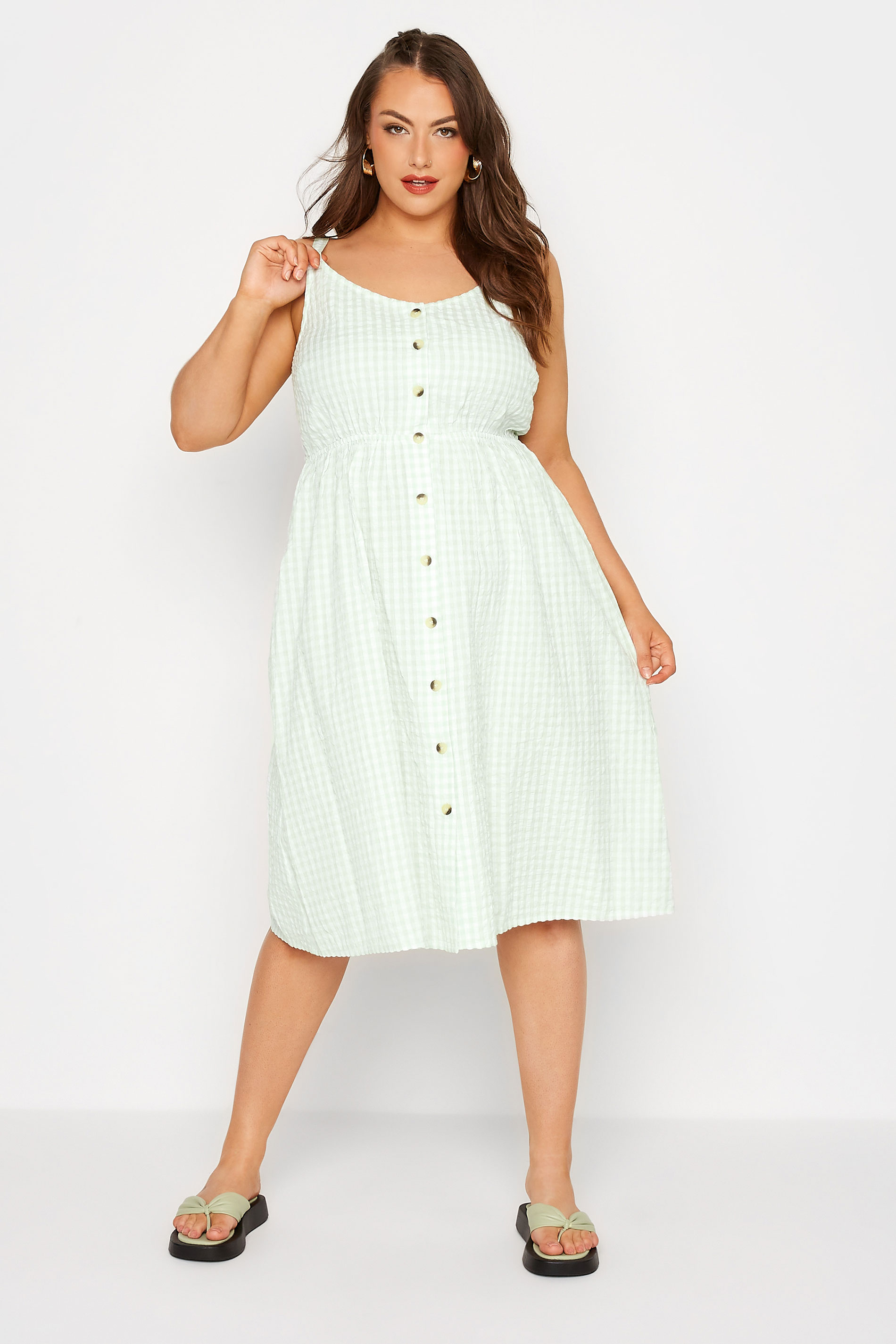 LIMITED COLLECTION Curve Green Gingham Button Front Sundress 1