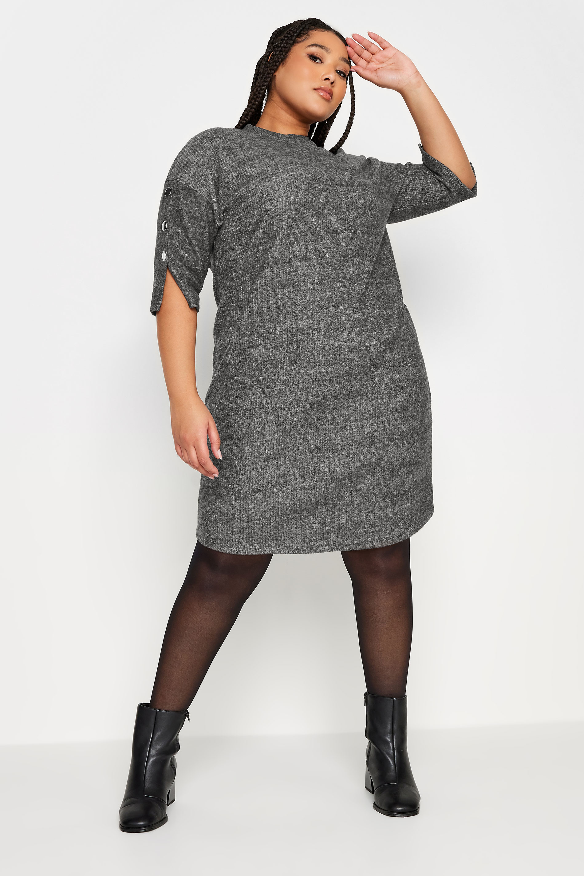 YOURS Curve Grey Soft Touch Button Detail Mini Dress | Yours Clothing 2