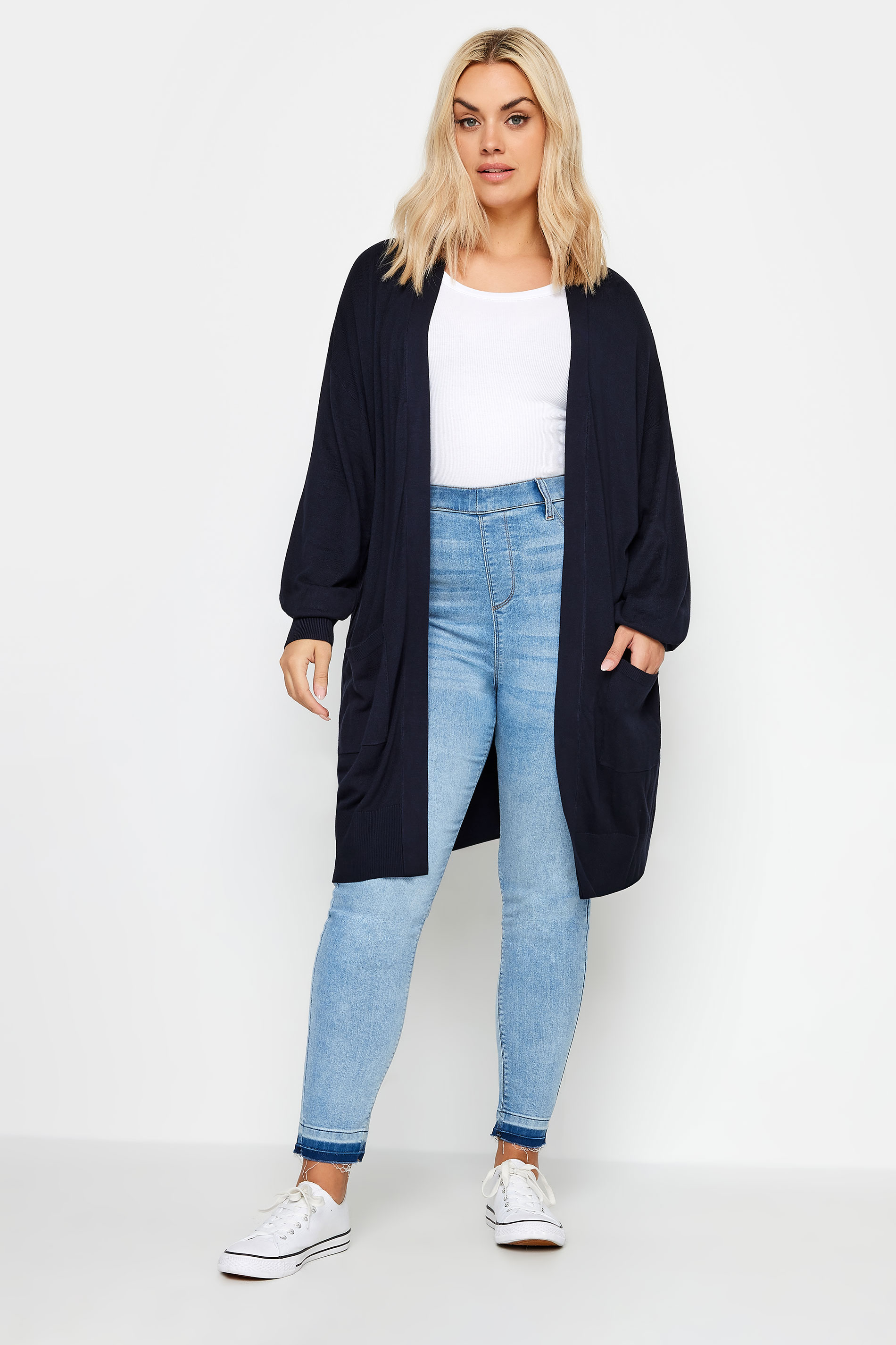 Plus Size Curve Navy Blue Balloon Sleeve Fine Knit Cardigan | Yours Clothing 2