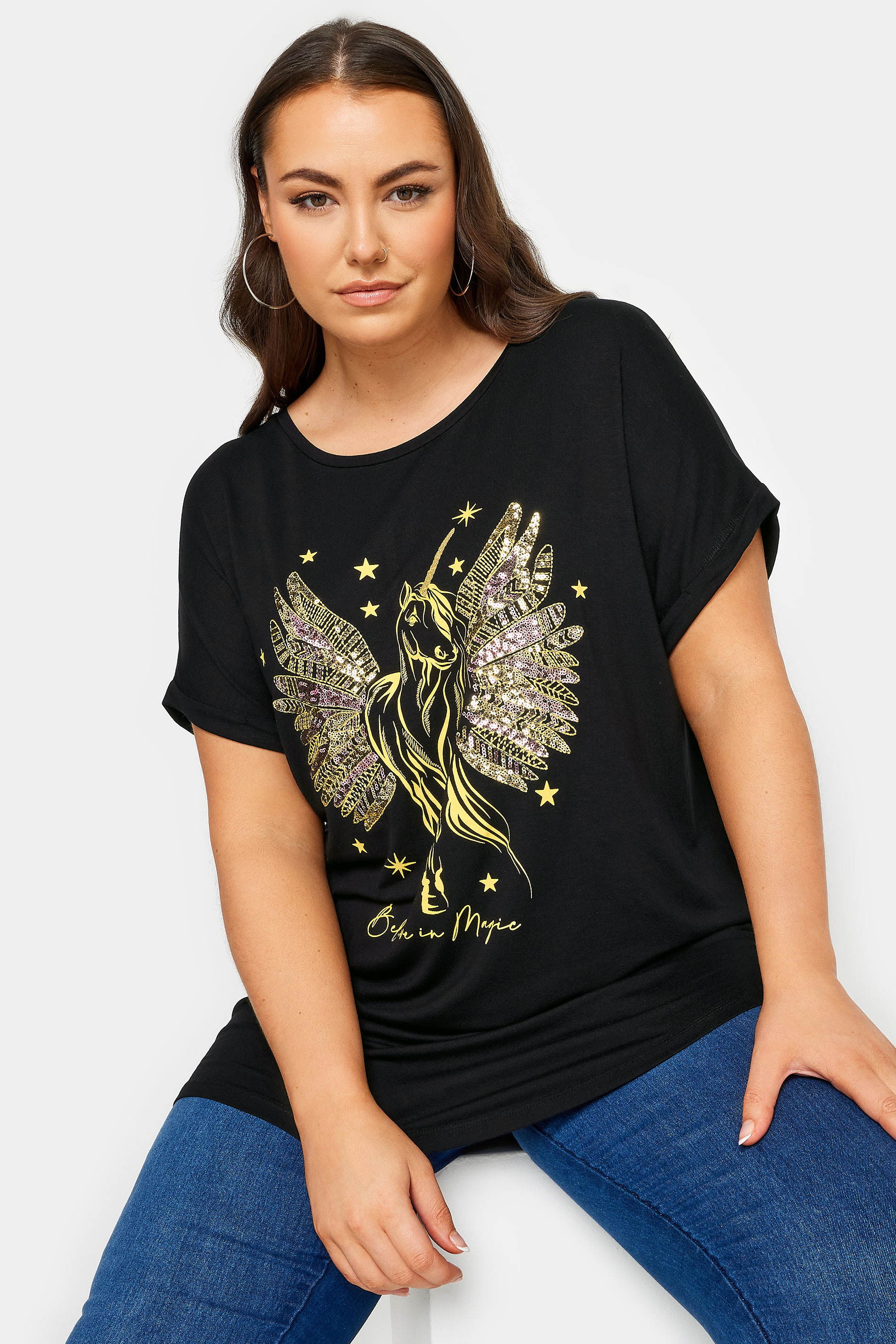 YOURS Plus Size Black Unicorn Print Sequin T-Shirt | Yours Clothing 1